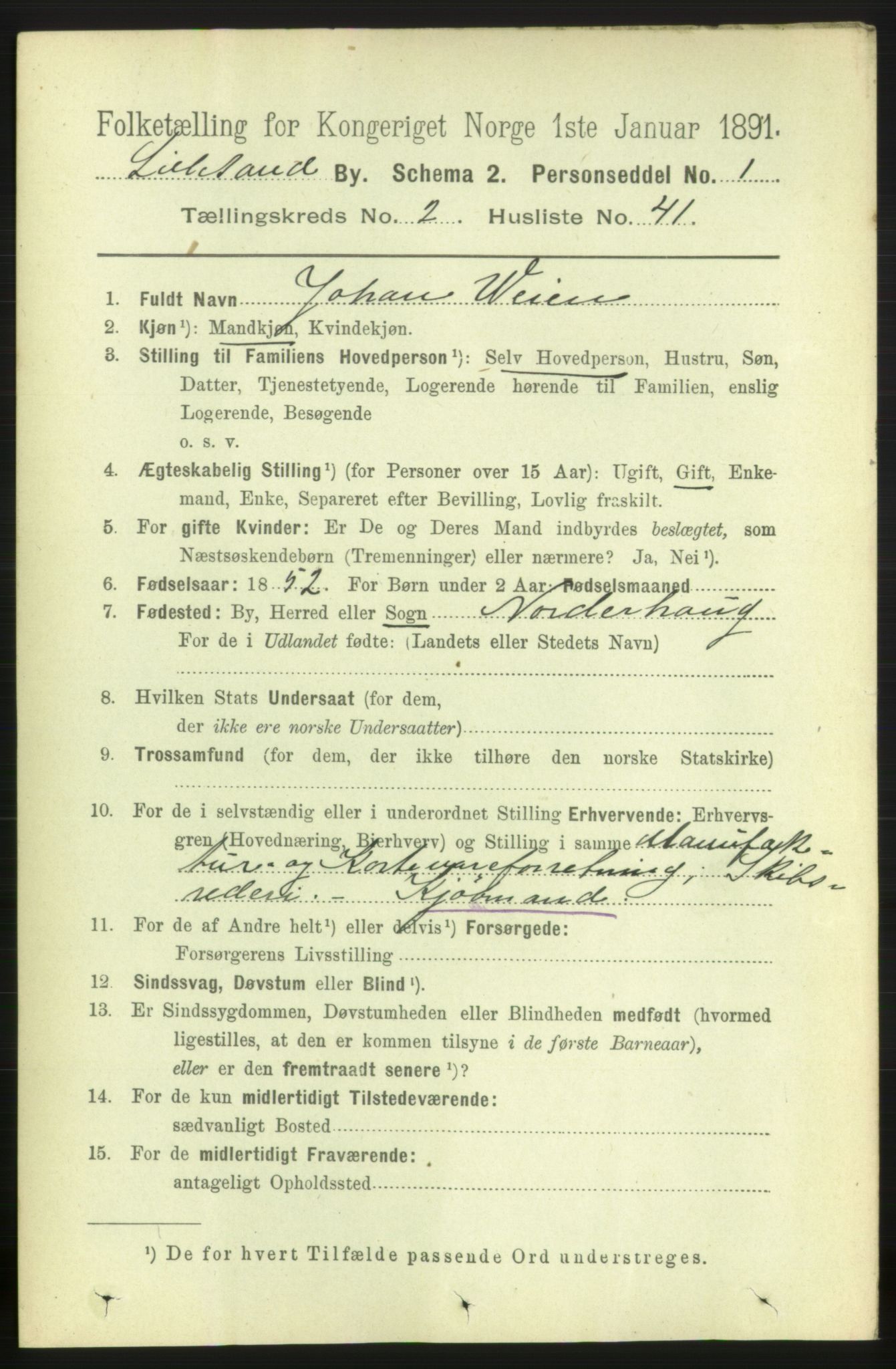 RA, 1891 census for 0905 Lillesand, 1891, p. 618