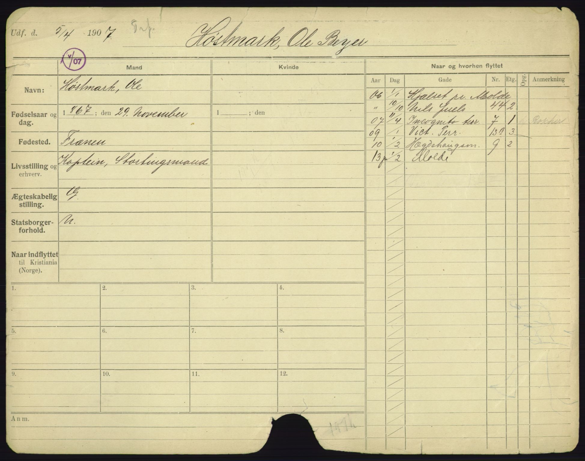 Oslo folkeregister, Registerkort, AV/SAO-A-11715/F/Fa/Fac/L0004: Menn, 1906-1914, p. 1141a