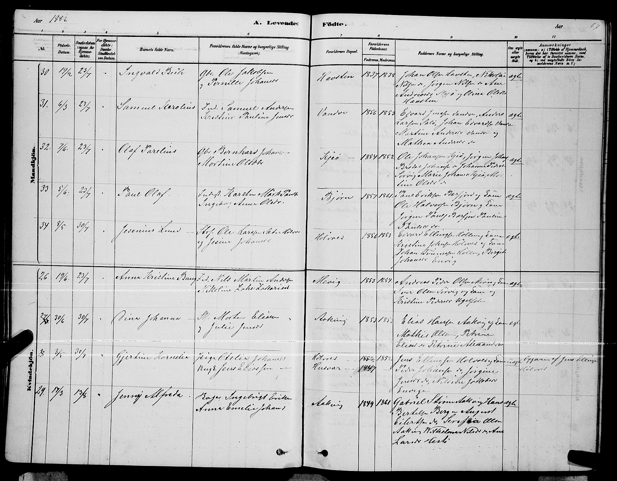 Ministerialprotokoller, klokkerbøker og fødselsregistre - Nordland, AV/SAT-A-1459/834/L0513: Parish register (copy) no. 834C04, 1877-1892, p. 67