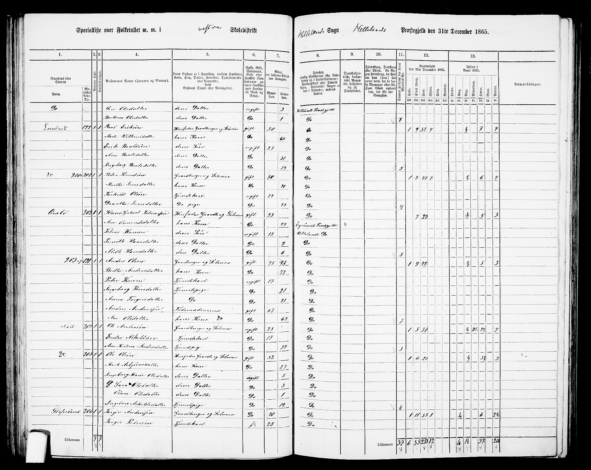 RA, 1865 census for Helleland, 1865, p. 60