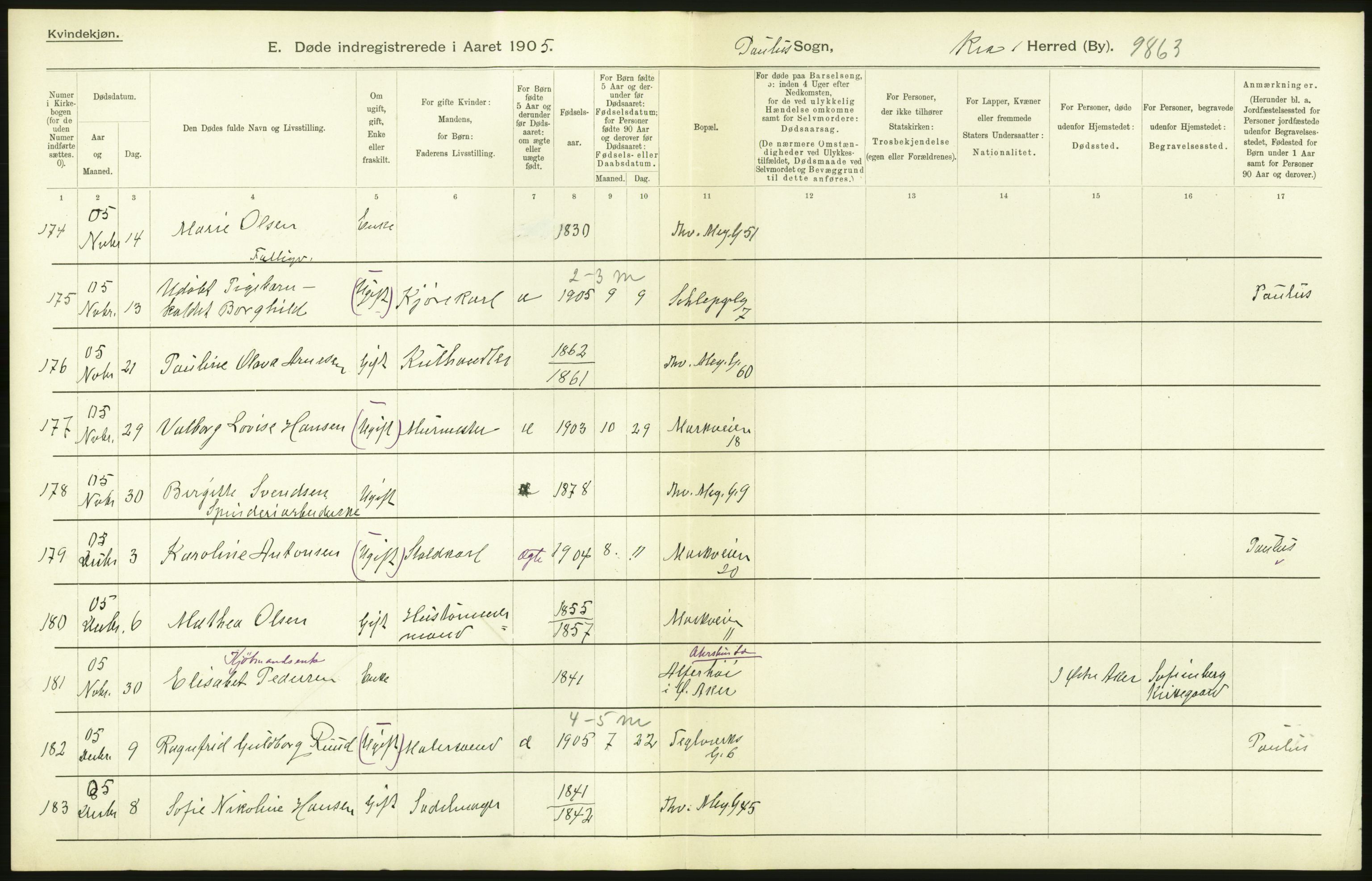 Statistisk sentralbyrå, Sosiodemografiske emner, Befolkning, RA/S-2228/D/Df/Dfa/Dfac/L0007a: Kristiania: Døde, dødfødte., 1905, p. 262