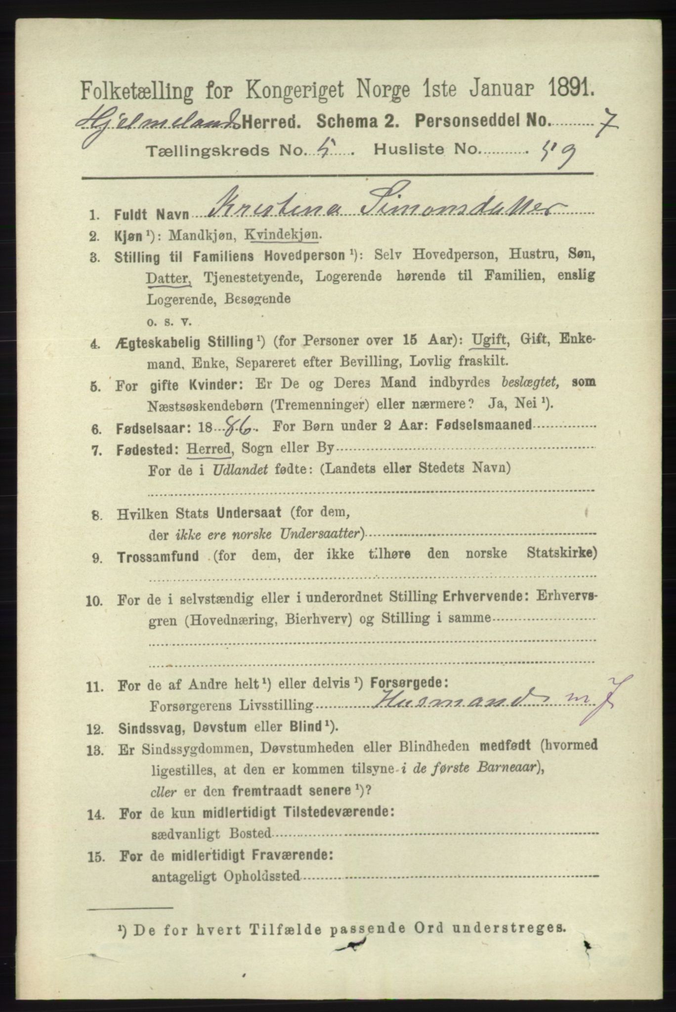 RA, 1891 census for 1133 Hjelmeland, 1891, p. 1494