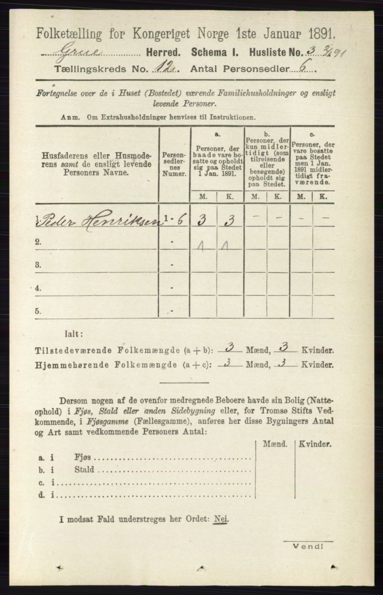 RA, 1891 census for 0423 Grue, 1891, p. 6061