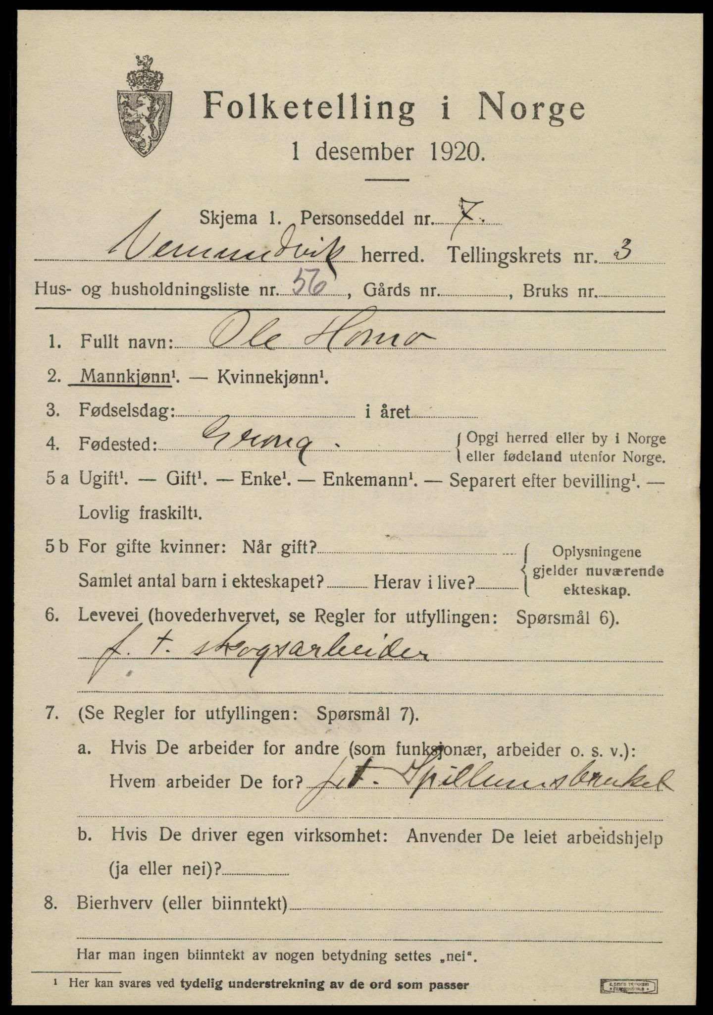 SAT, 1920 census for Vemundvik, 1920, p. 4211