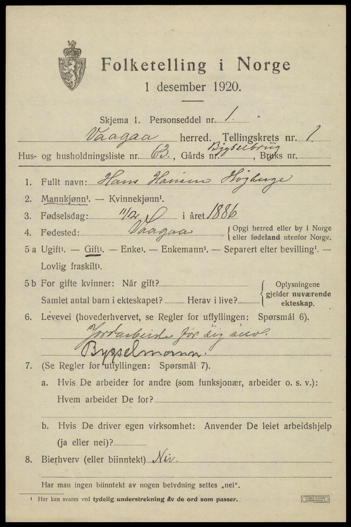 SAH, 1920 census for Vågå, 1920, p. 2012