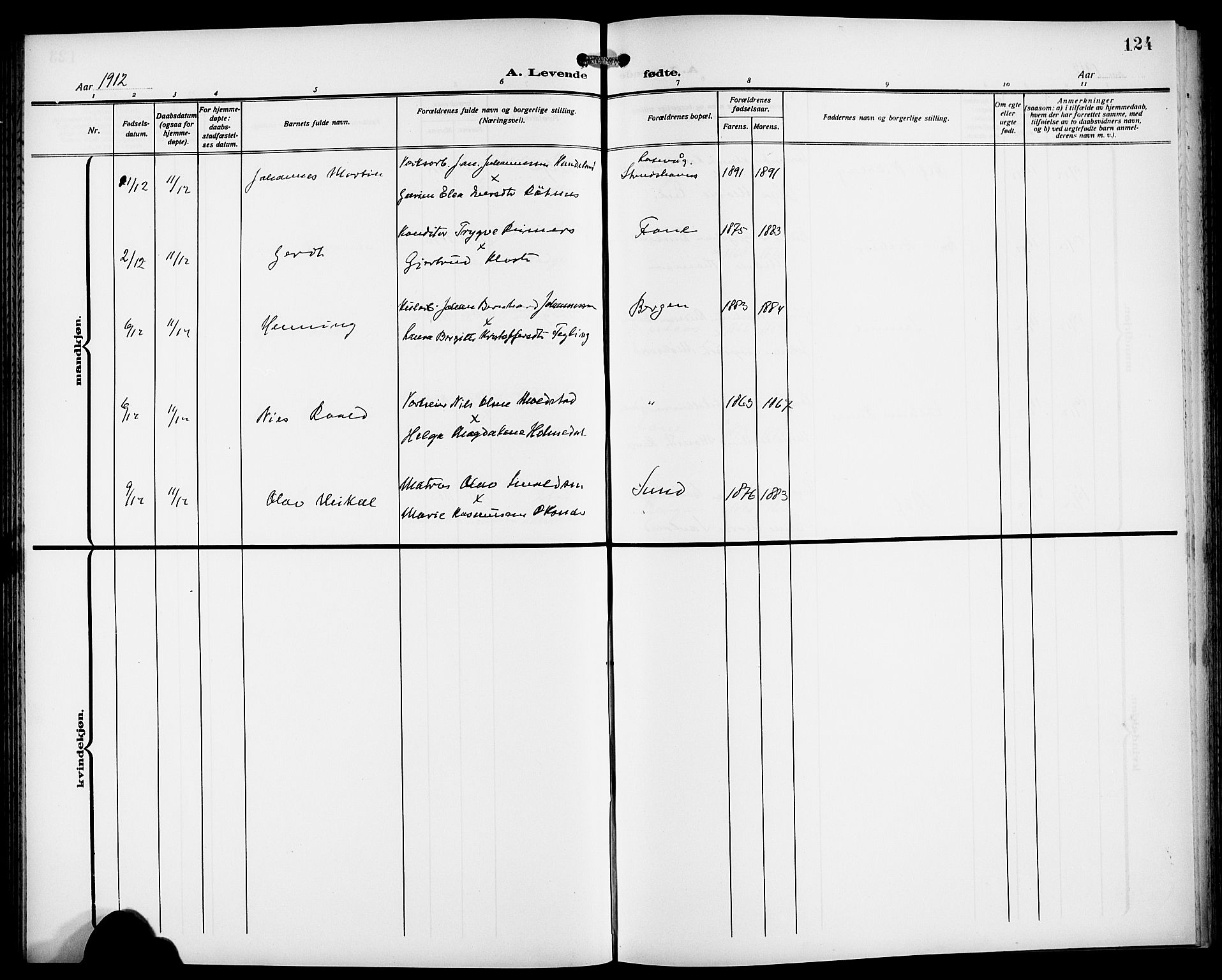 Fødselsstiftelsens sokneprestembete*, SAB/-: Parish register (copy) no. A 2, 1909-1916, p. 124