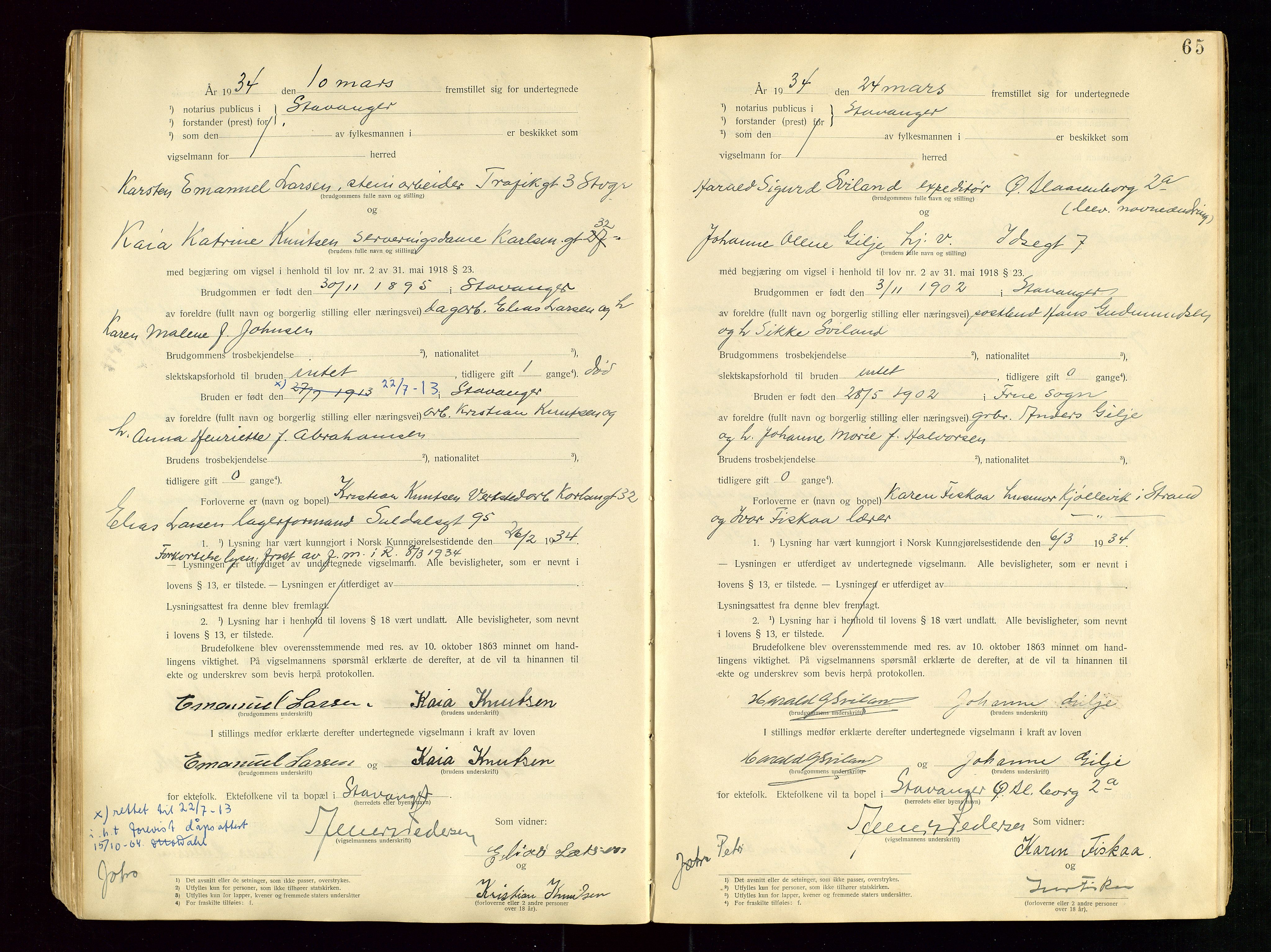Stavanger byrett, AV/SAST-A-100455/001/6/62/62B/L0001: Vigselsprotokoll, 1931-1935, p. 65