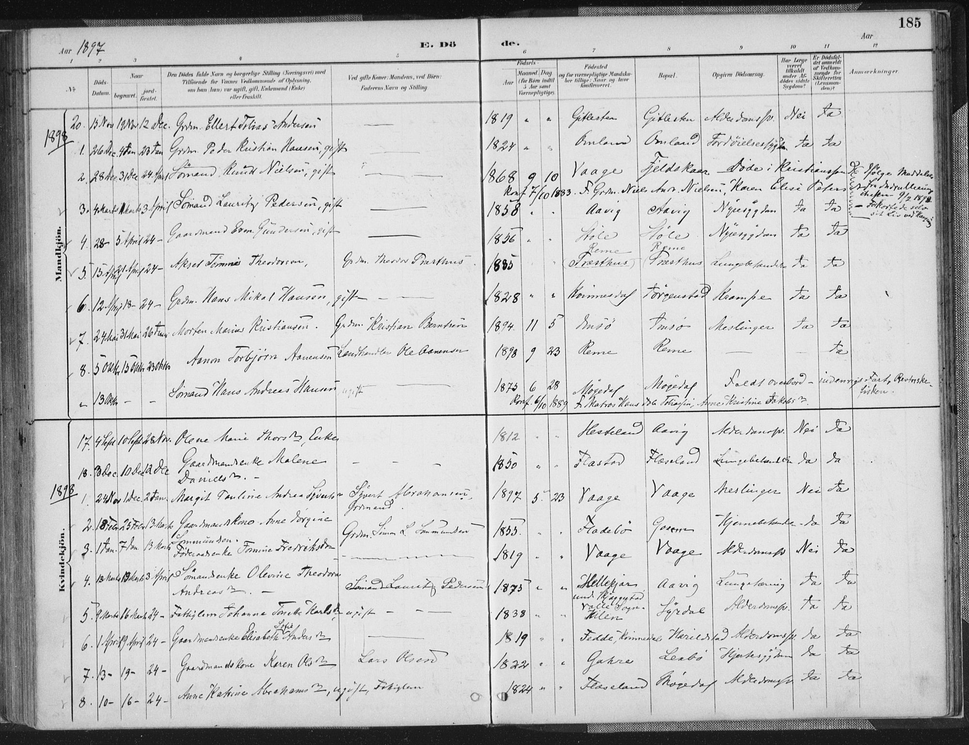 Sør-Audnedal sokneprestkontor, SAK/1111-0039/F/Fa/Faa/L0004: Parish register (official) no. A 4, 1884-1909, p. 185