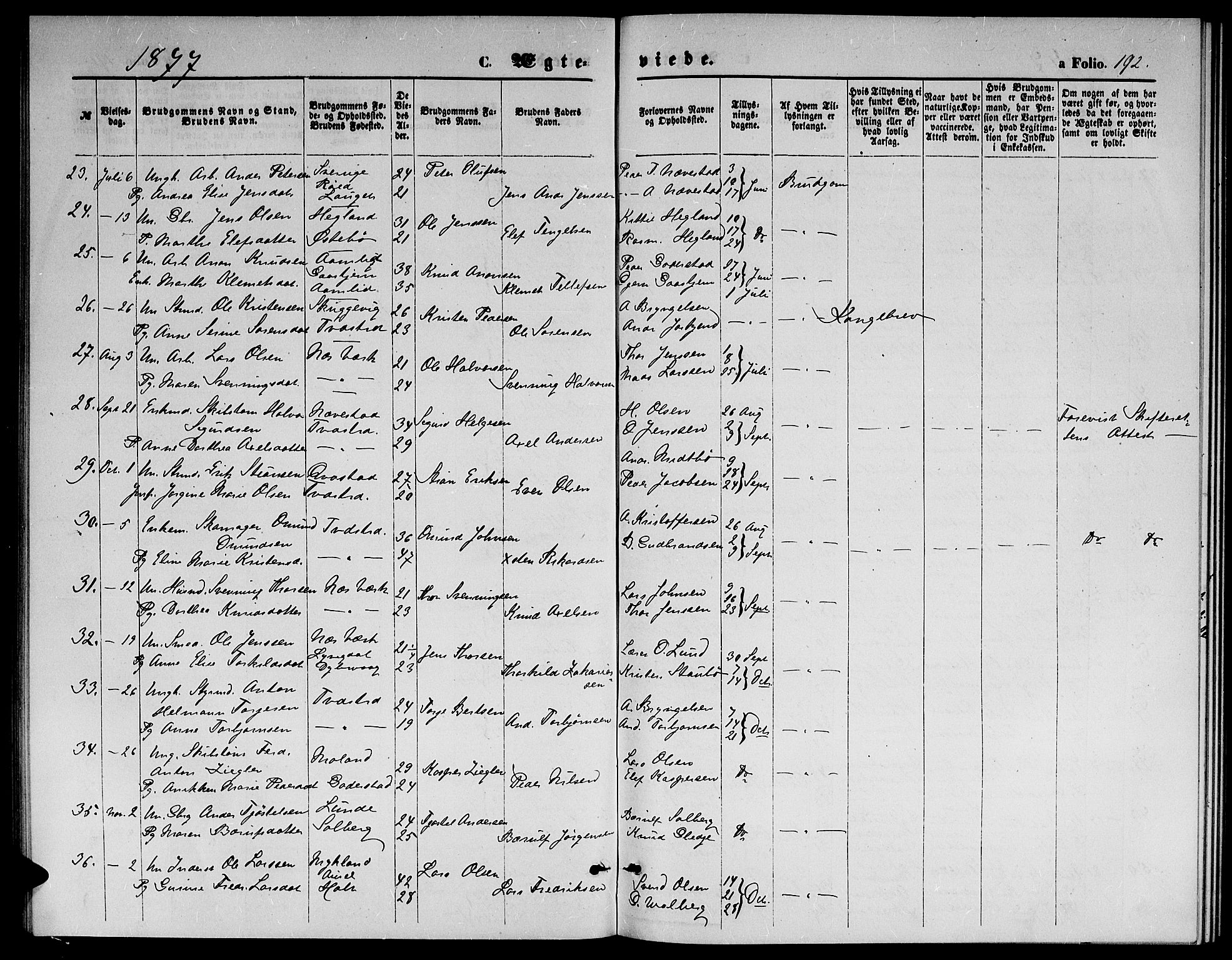 Holt sokneprestkontor, AV/SAK-1111-0021/F/Fb/L0009: Parish register (copy) no. B 9, 1871-1883, p. 192