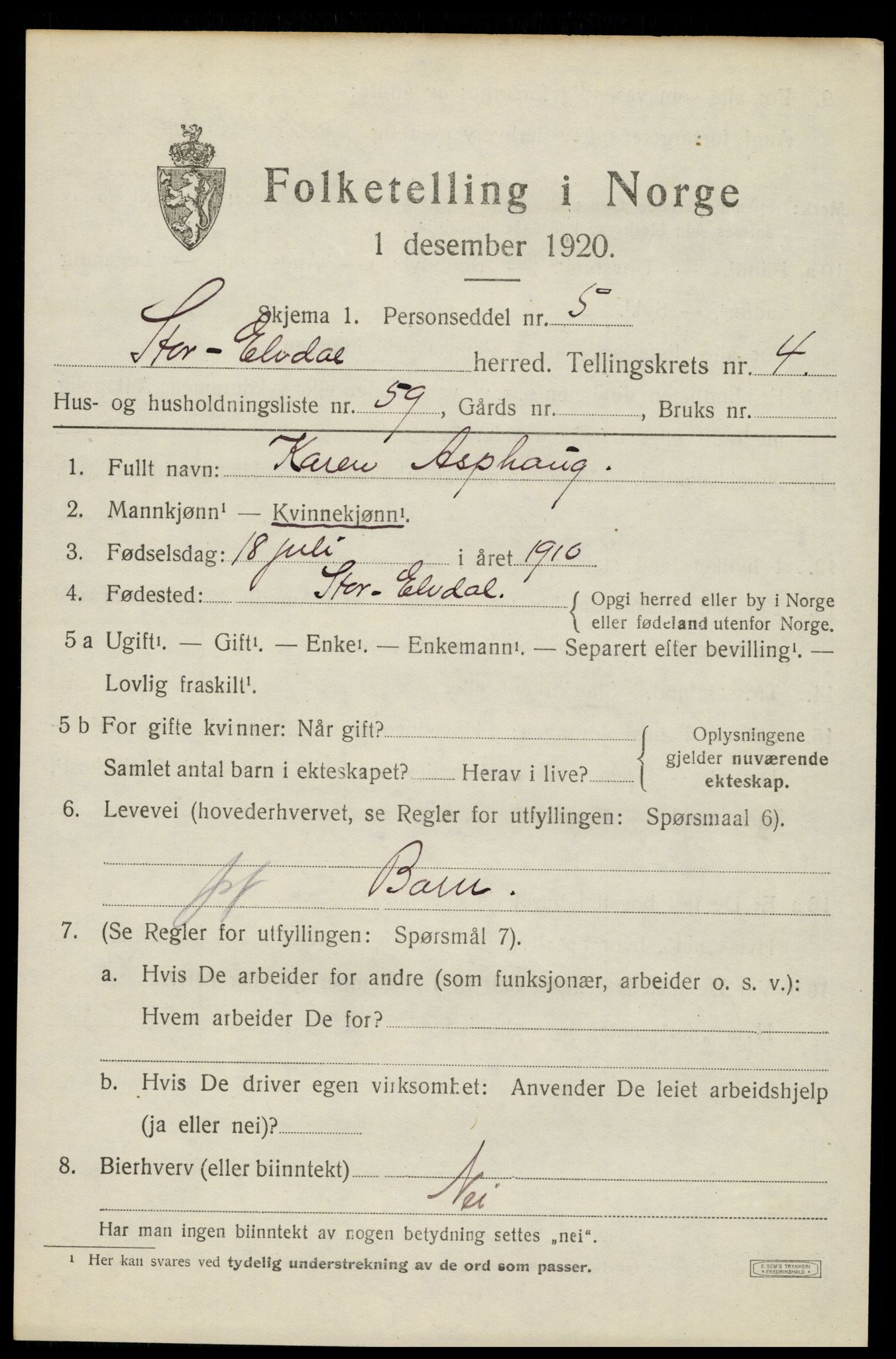 SAH, 1920 census for Stor-Elvdal, 1920, p. 4062