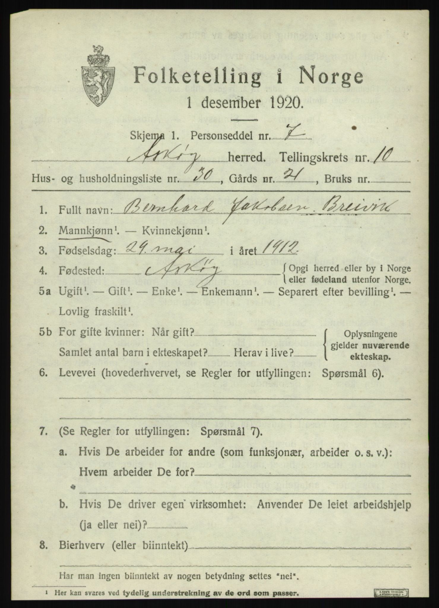 SAB, 1920 census for Askøy, 1920, p. 13180