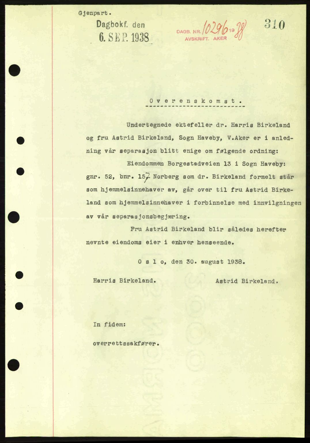 Aker herredsskriveri, SAO/A-10896/G/Gb/Gba/Gbab/L0025: Mortgage book no. A154-155, 1938-1938, Diary no: : 10296/1938