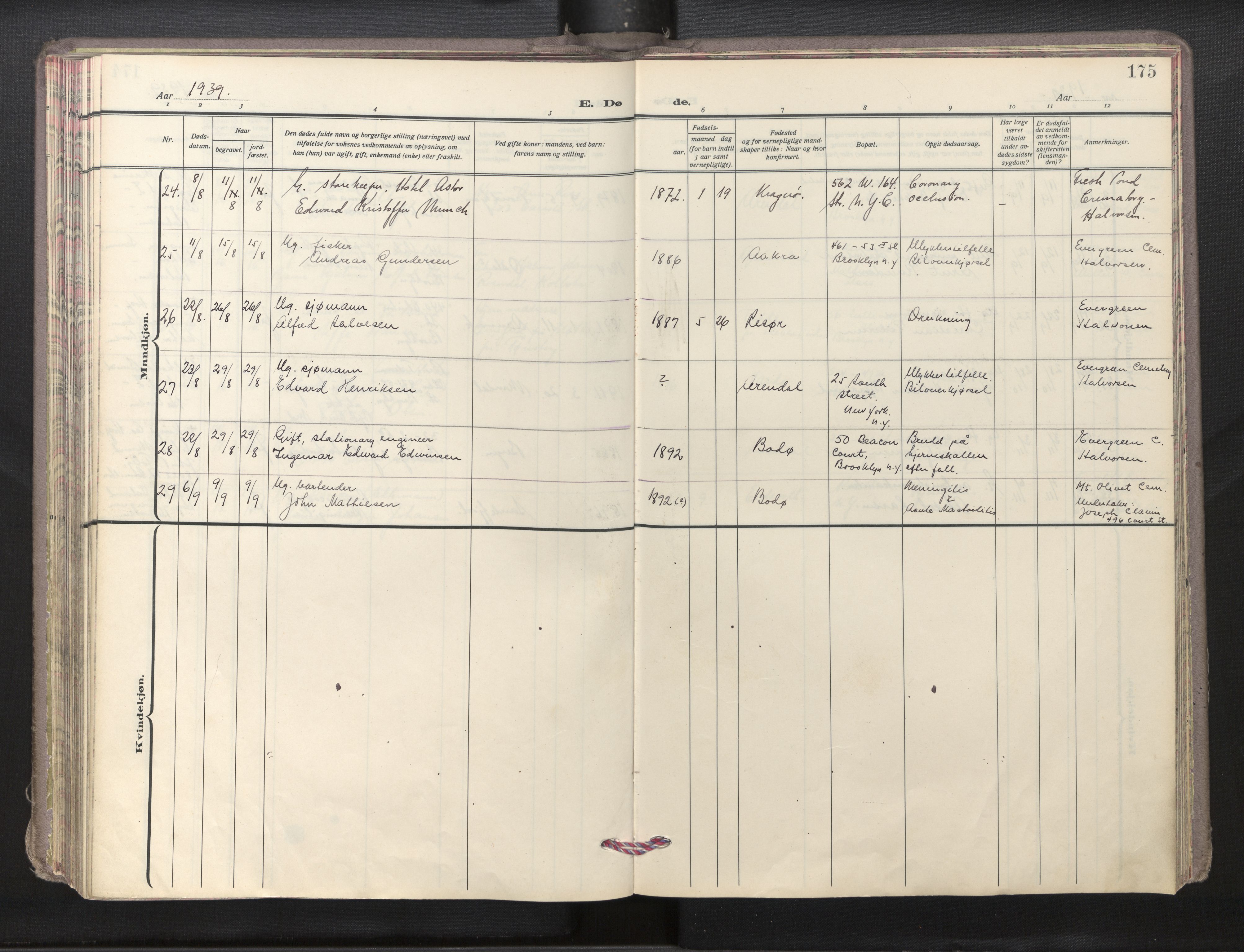 Den norske sjømannsmisjon i utlandet/New York, AV/SAB-SAB/PA-0110/H/Ha/L0009: Parish register (official) no. A 9, 1935-1945, p. 174b-175a