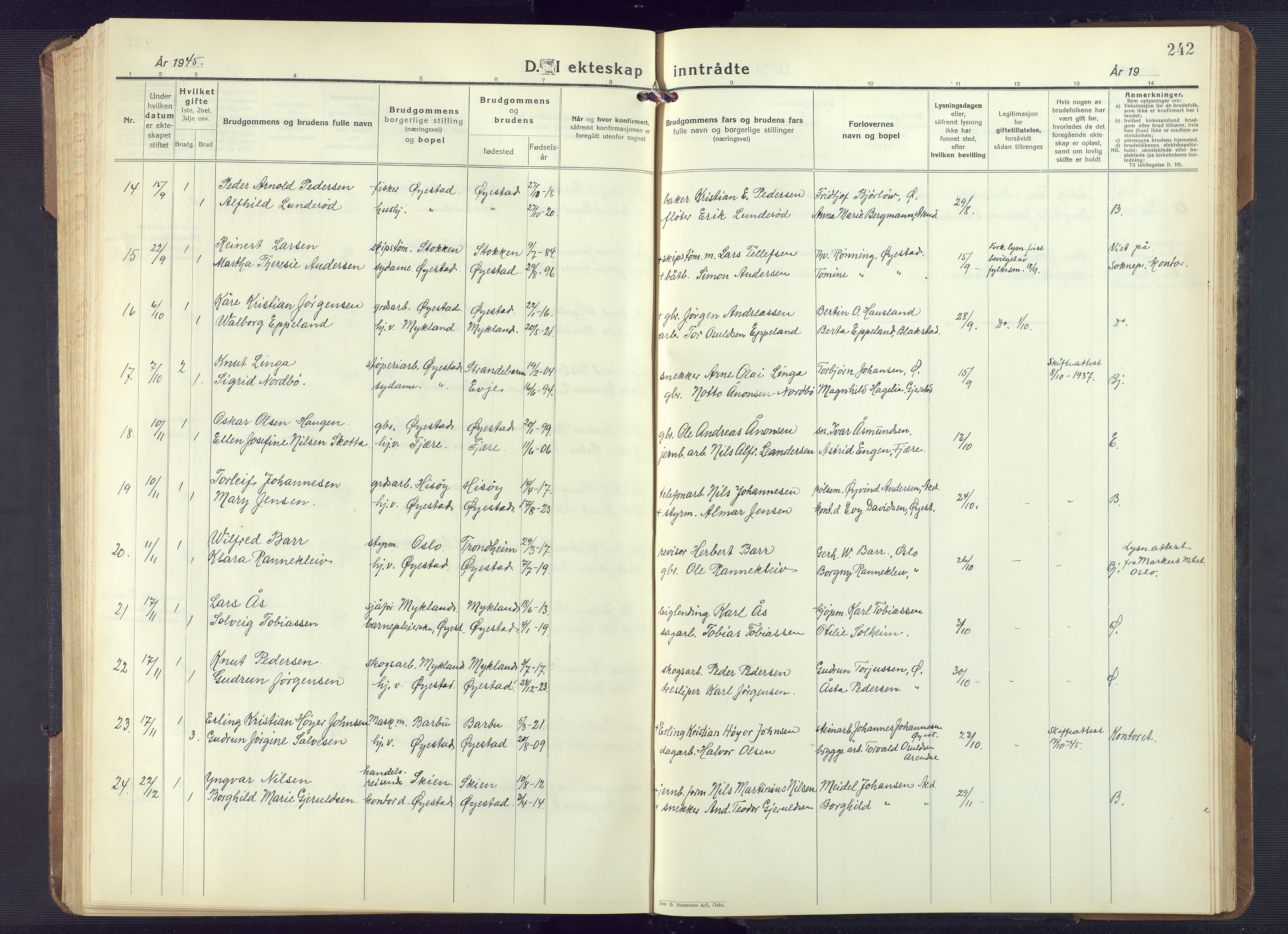 Øyestad sokneprestkontor, AV/SAK-1111-0049/F/Fb/L0013: Parish register (copy) no. B 13, 1933-1945, p. 242