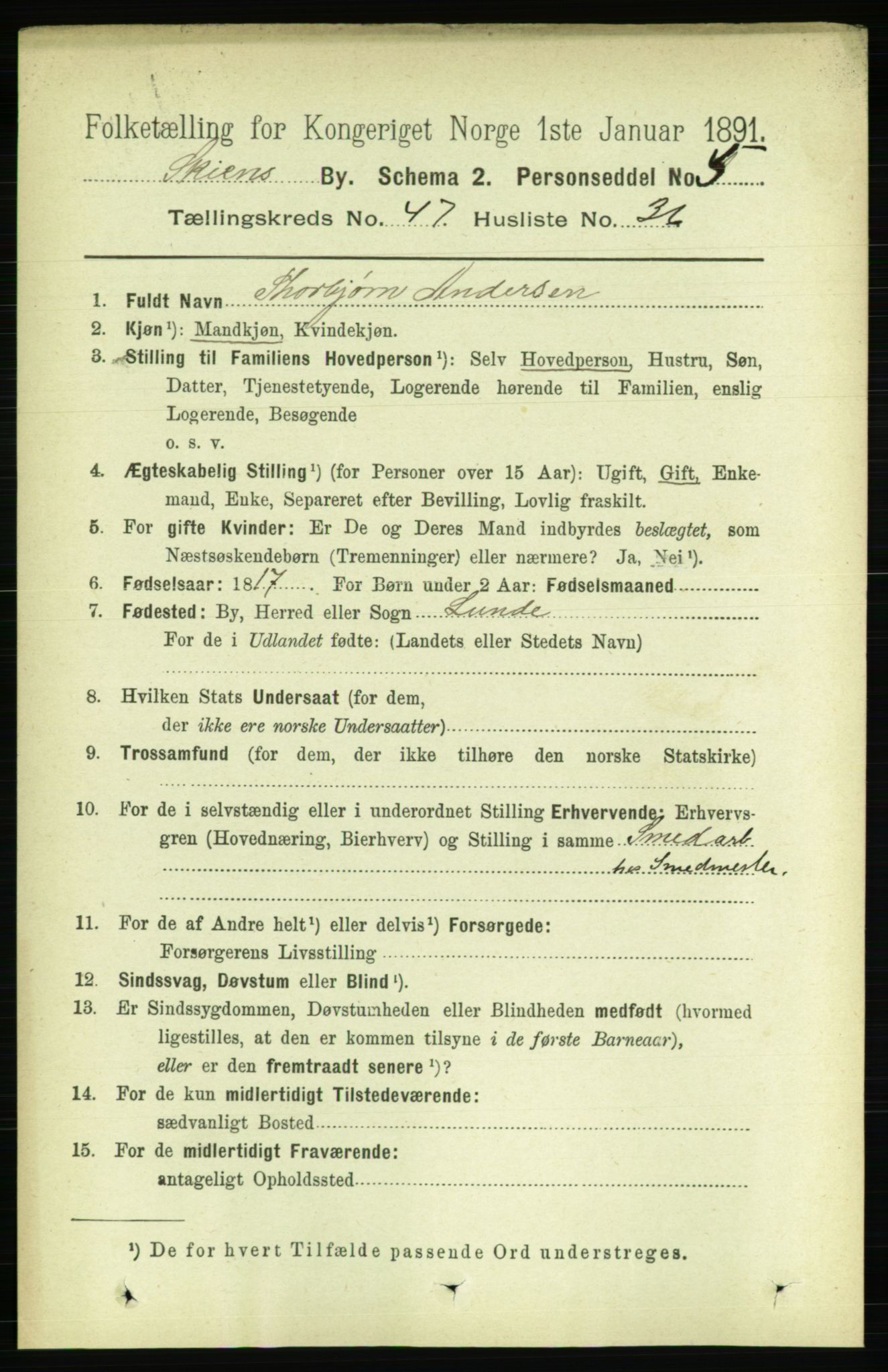 RA, 1891 census for 0806 Skien, 1891, p. 9521