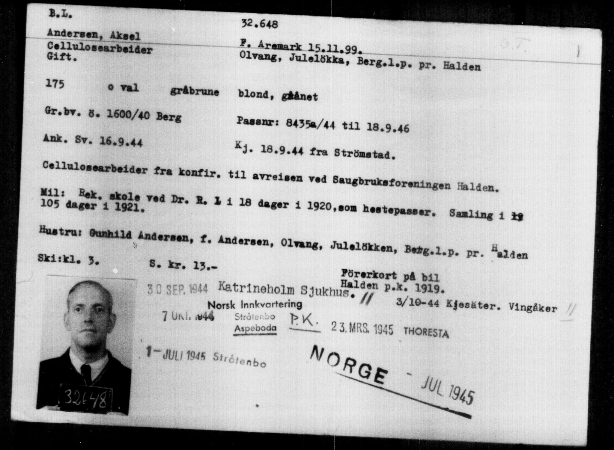 Utenriksstasjonene, Legasjonen i Stockholm, Flyktningkontoret, AV/RA-S-6753/V/Va/L0013: Kjesäterkartoteket, flyktninger med registreringsnr. 31500-34731, 1940-1945, p. 1211