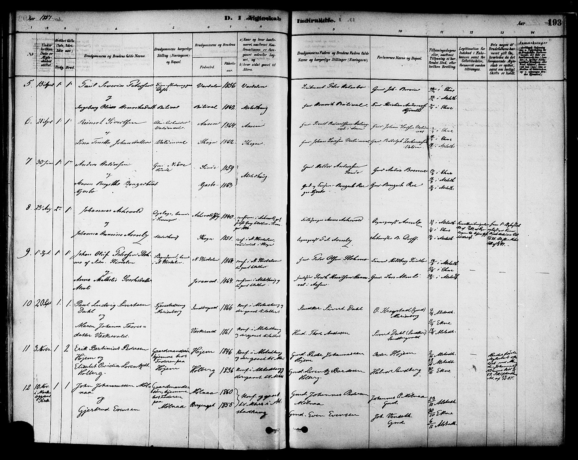 Ministerialprotokoller, klokkerbøker og fødselsregistre - Nord-Trøndelag, SAT/A-1458/717/L0159: Parish register (official) no. 717A09, 1878-1898, p. 193
