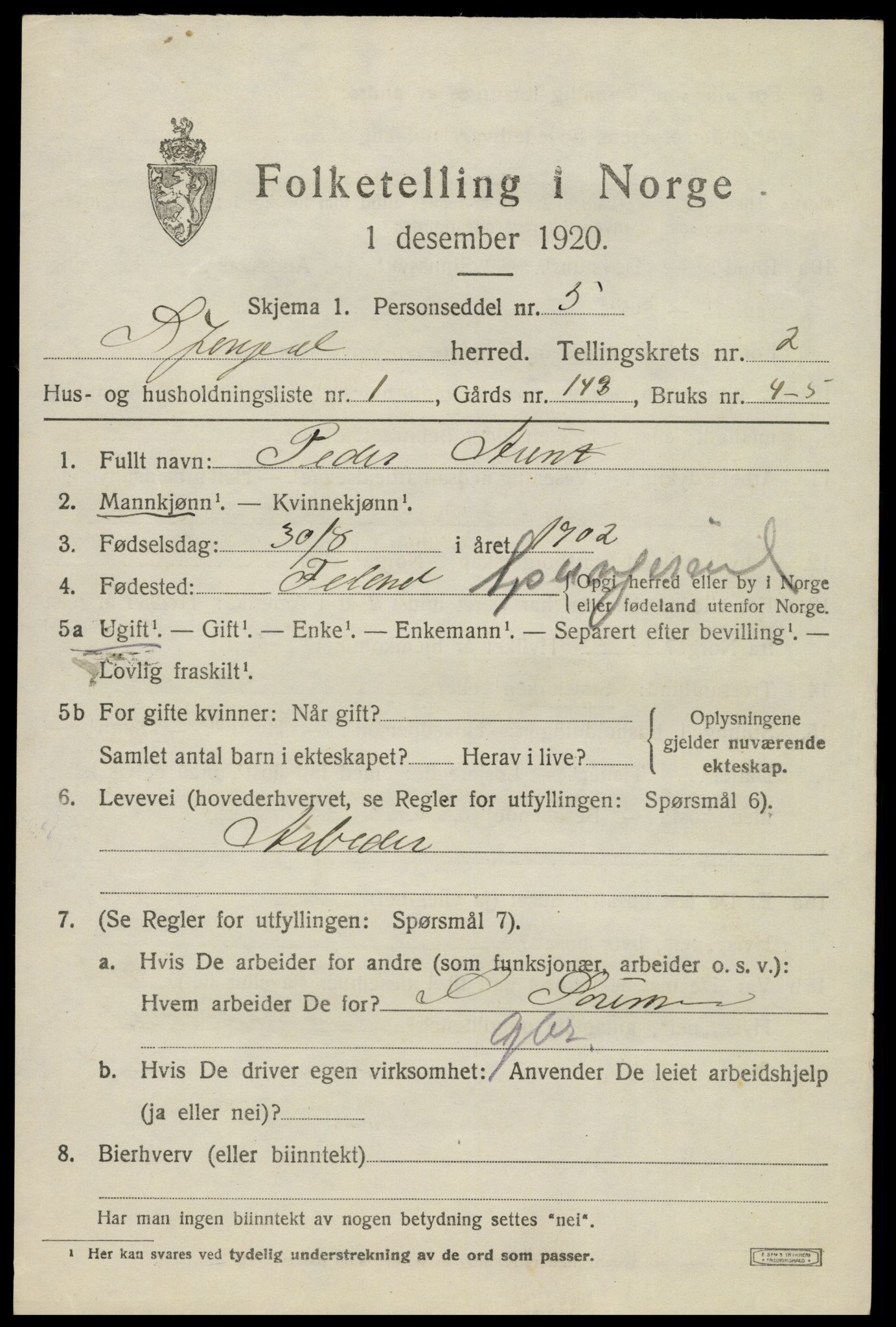 SAK, 1920 census for Spangereid, 1920, p. 1069