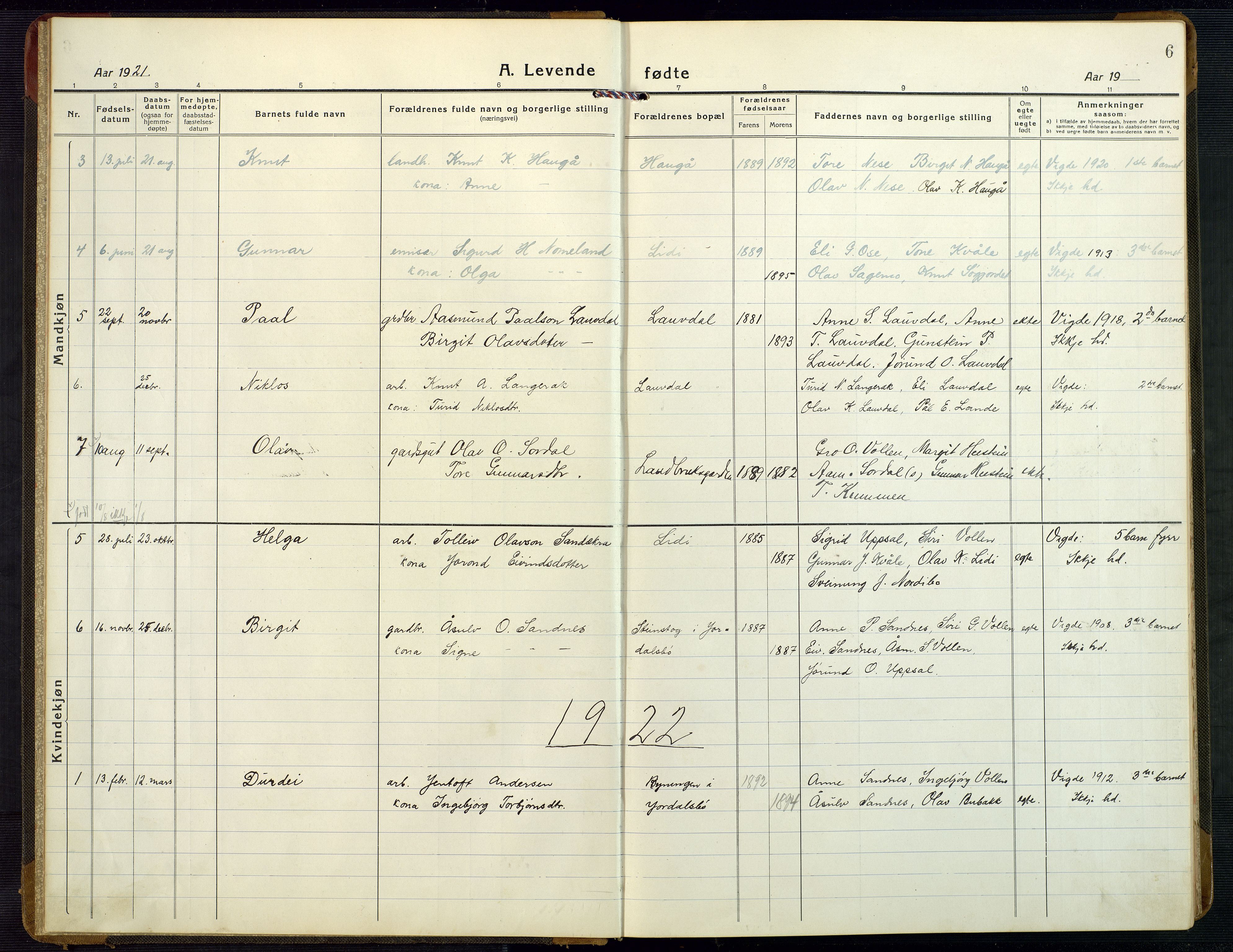 Bygland sokneprestkontor, SAK/1111-0006/F/Fb/Fbb/L0005: Parish register (copy) no. B 5, 1920-1955, p. 6