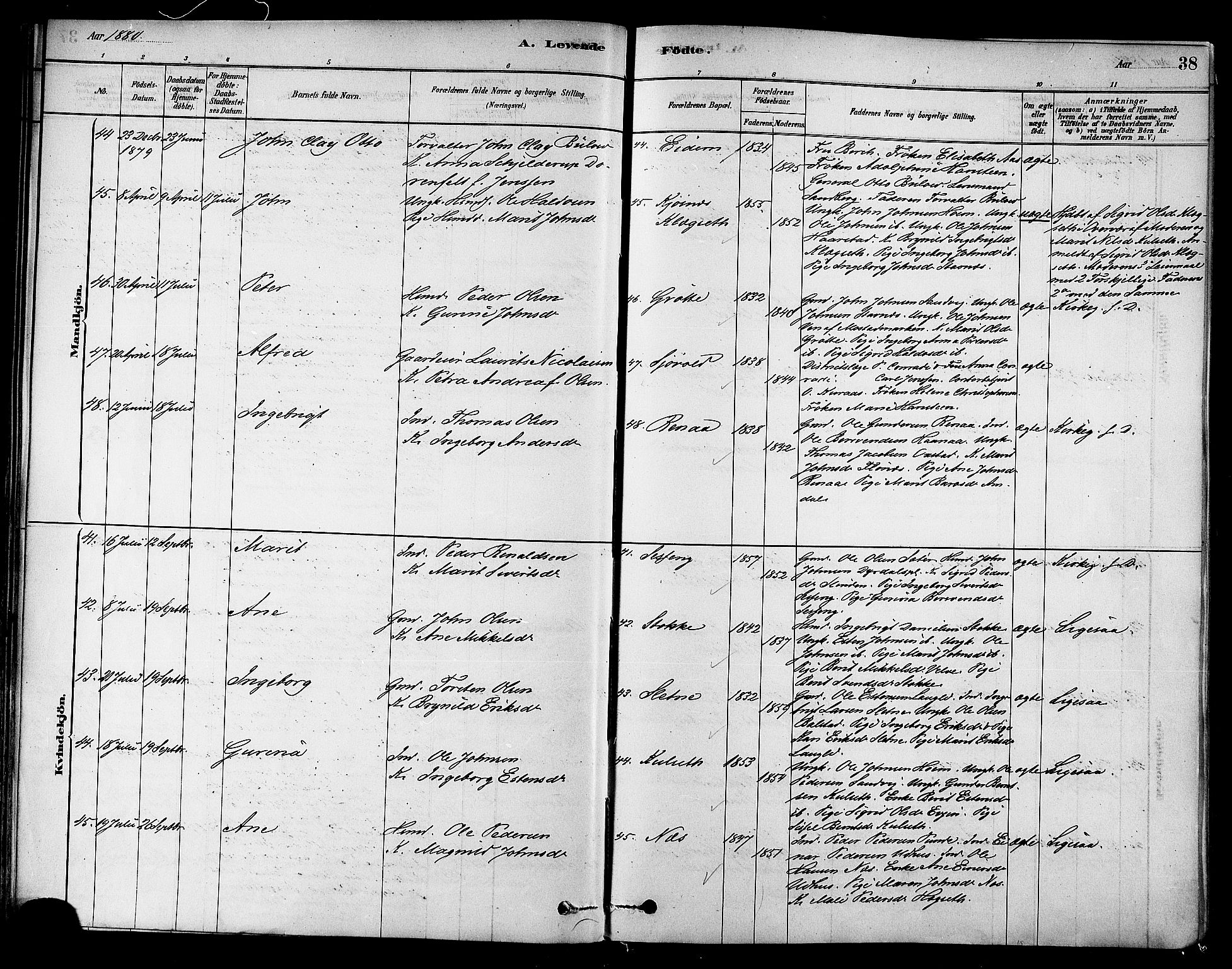 Ministerialprotokoller, klokkerbøker og fødselsregistre - Sør-Trøndelag, AV/SAT-A-1456/695/L1148: Parish register (official) no. 695A08, 1878-1891, p. 38