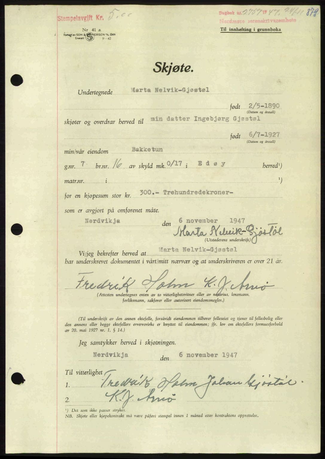 Nordmøre sorenskriveri, AV/SAT-A-4132/1/2/2Ca: Mortgage book no. A106, 1947-1947, Diary no: : 2757/1947