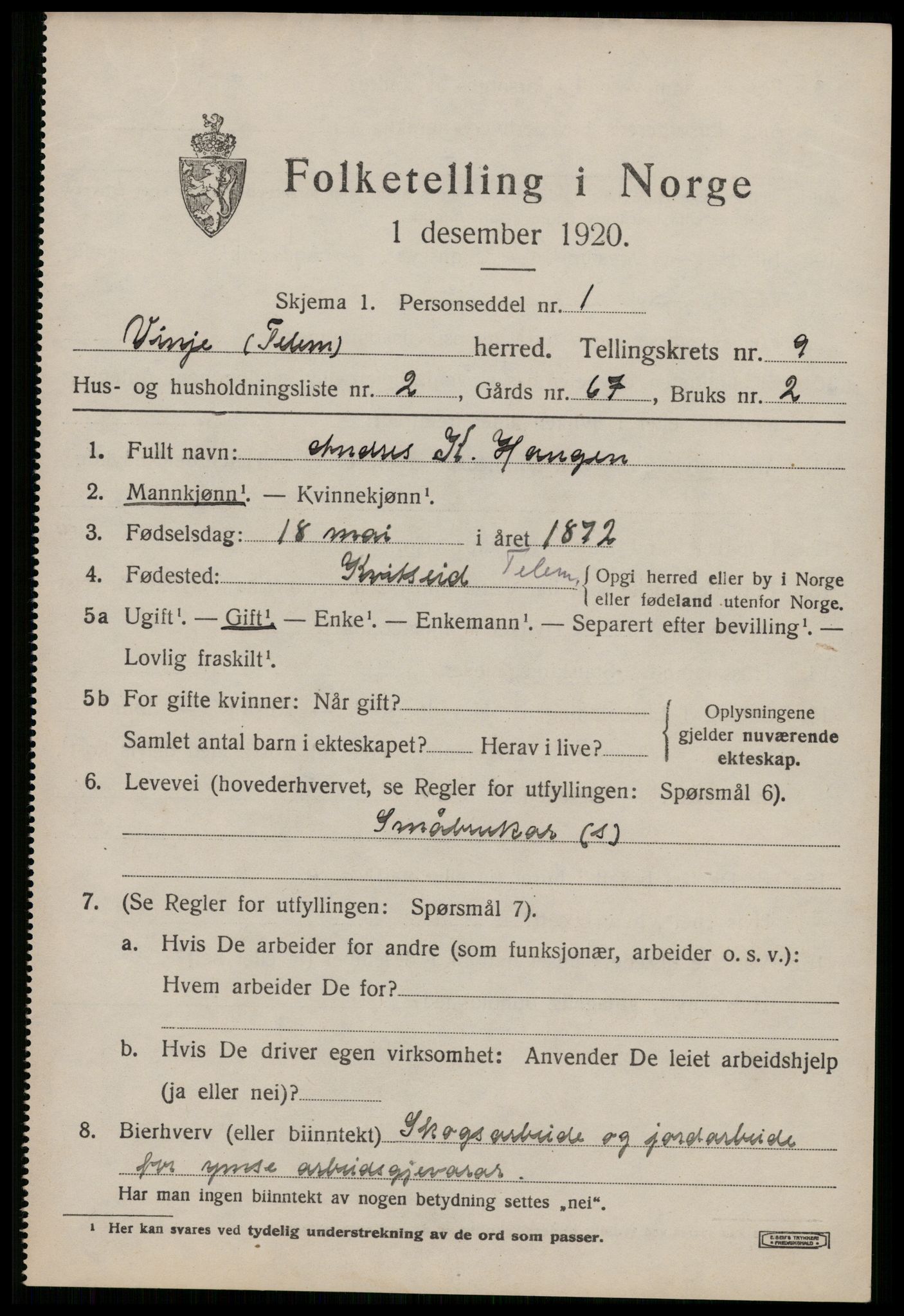 SAKO, 1920 census for Vinje, 1920, p. 2655