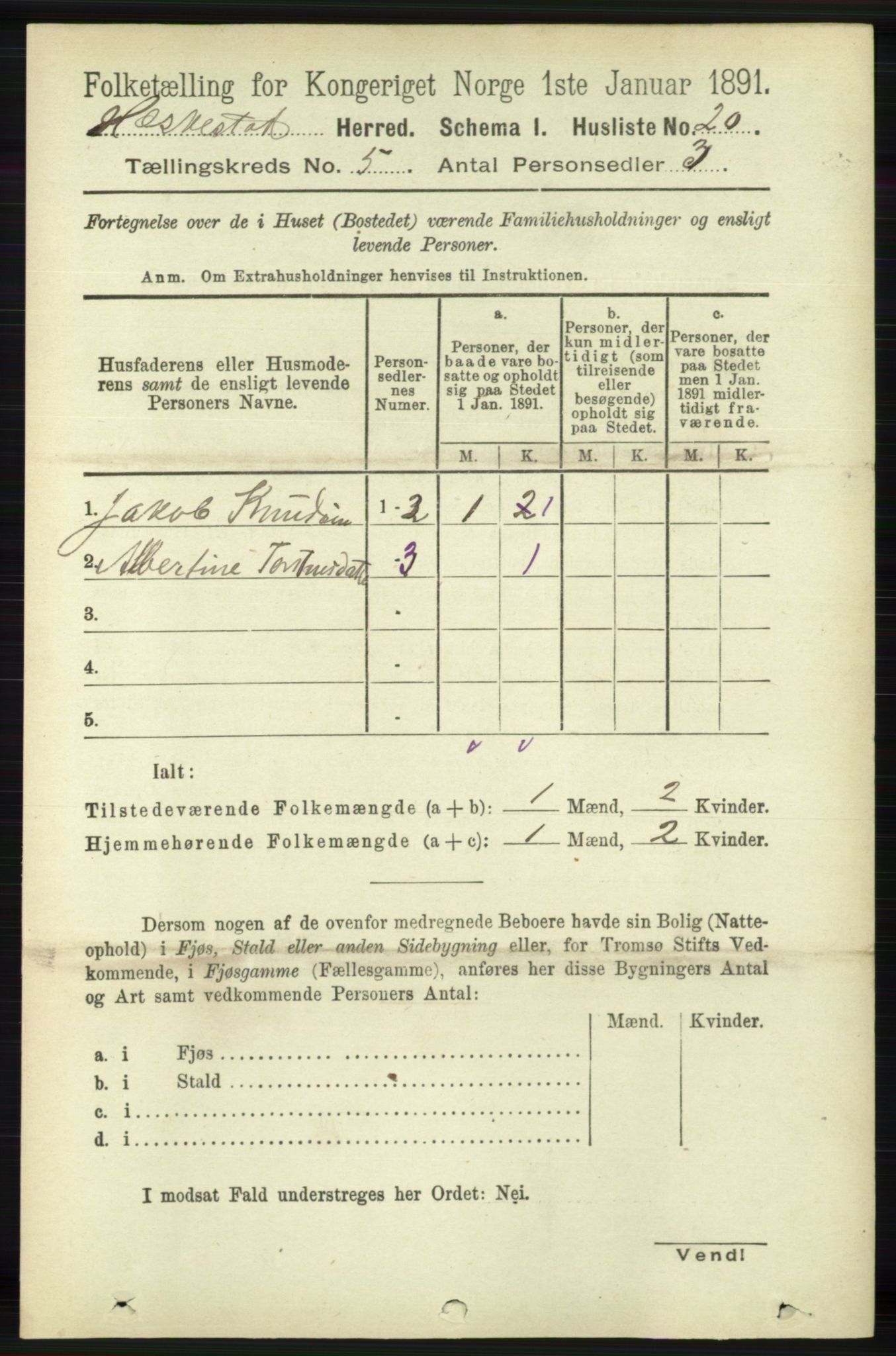 RA, 1891 census for 1113 Heskestad, 1891, p. 865