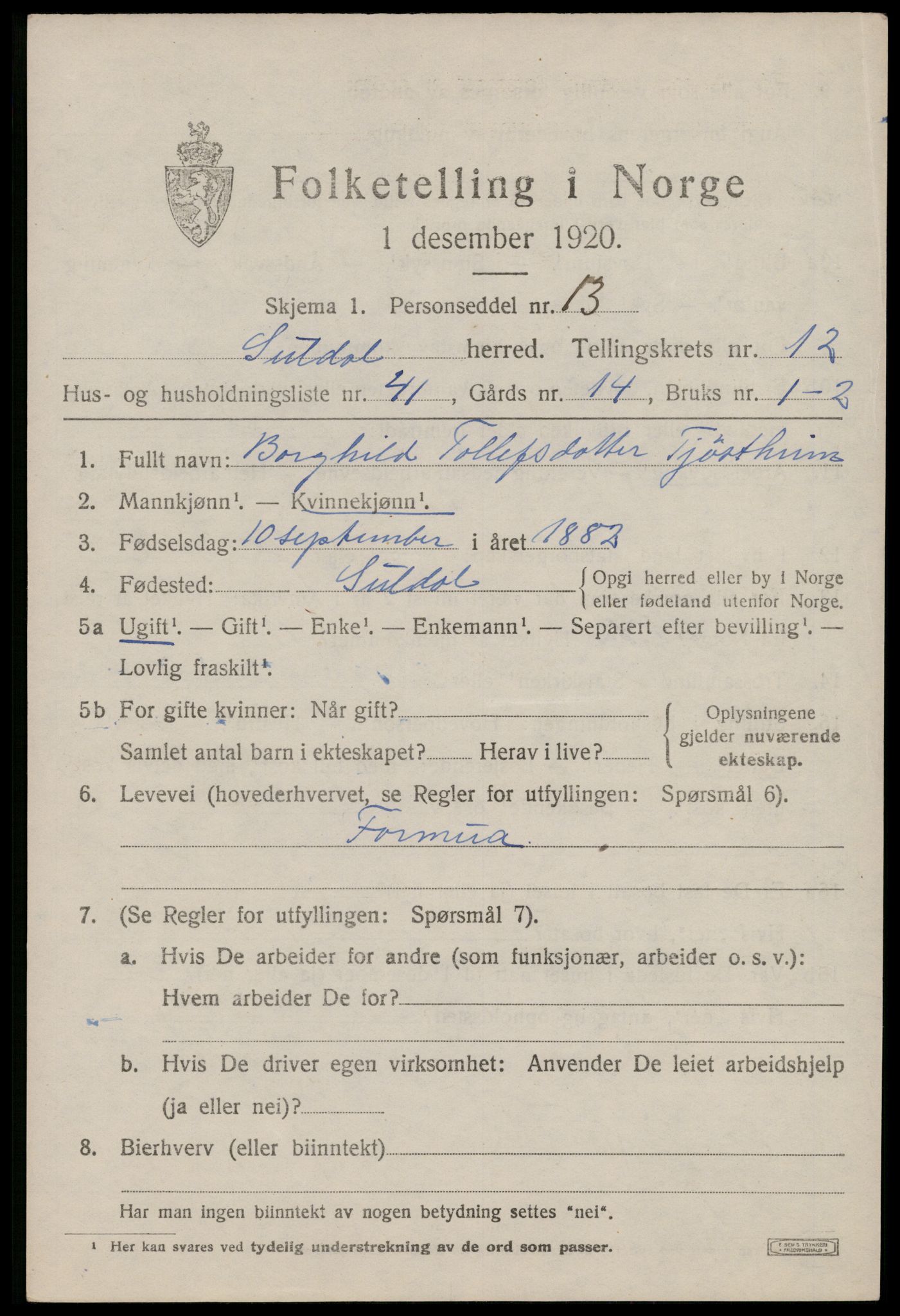 SAST, 1920 census for Suldal, 1920, p. 3950