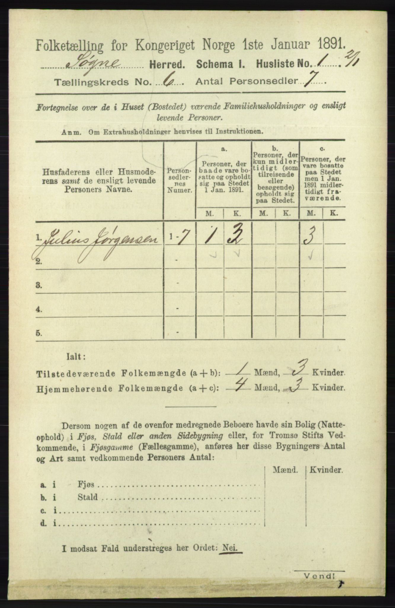 RA, 1891 census for 1018 Søgne, 1891, p. 1356