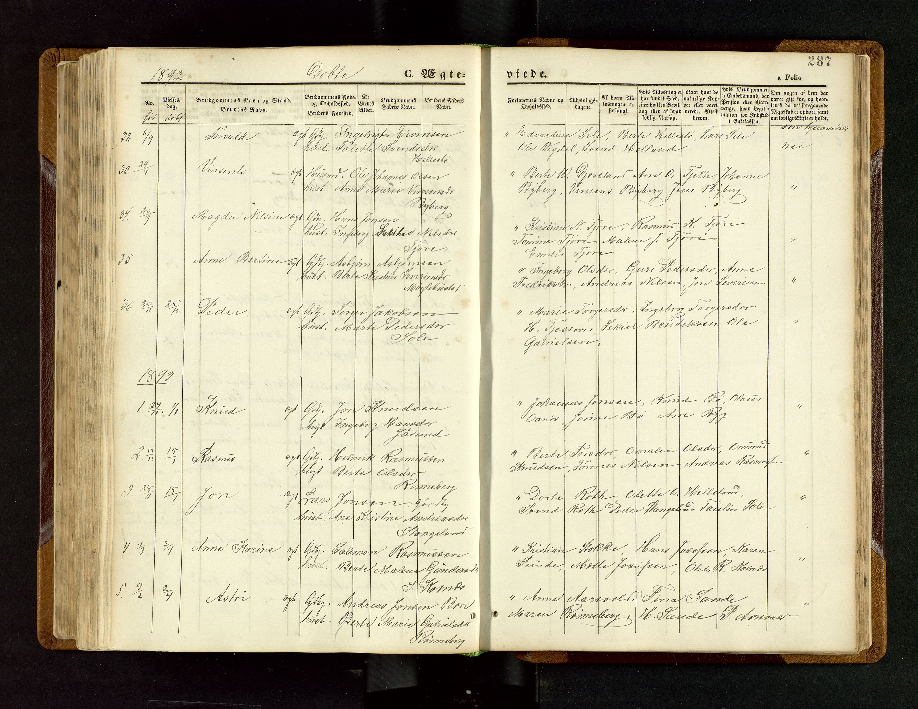 Håland sokneprestkontor, SAST/A-101802/001/30BB/L0003: Parish register (copy) no. B 3, 1873-1893, p. 287