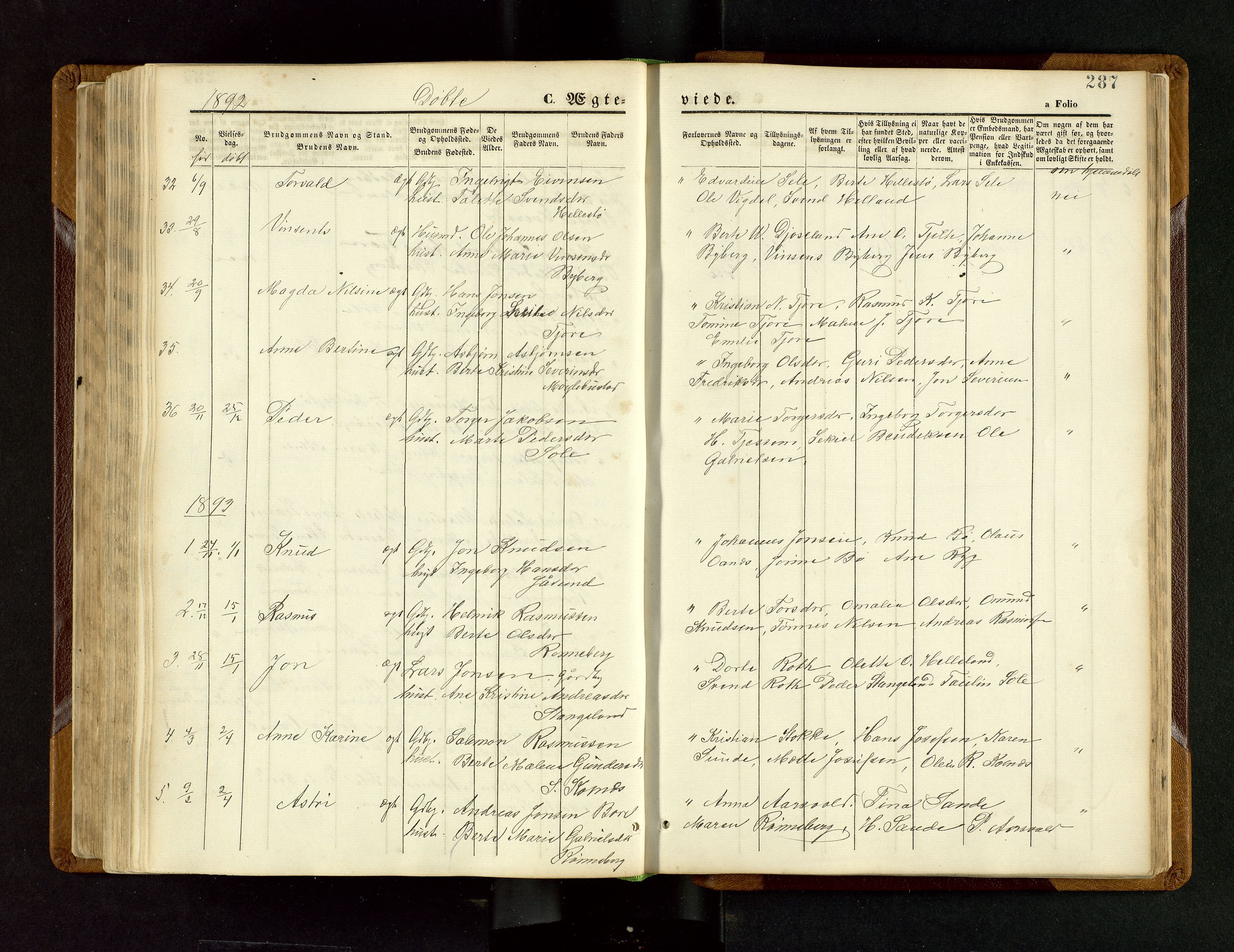 Håland sokneprestkontor, AV/SAST-A-101802/001/30BB/L0003: Parish register (copy) no. B 3, 1873-1893, p. 287