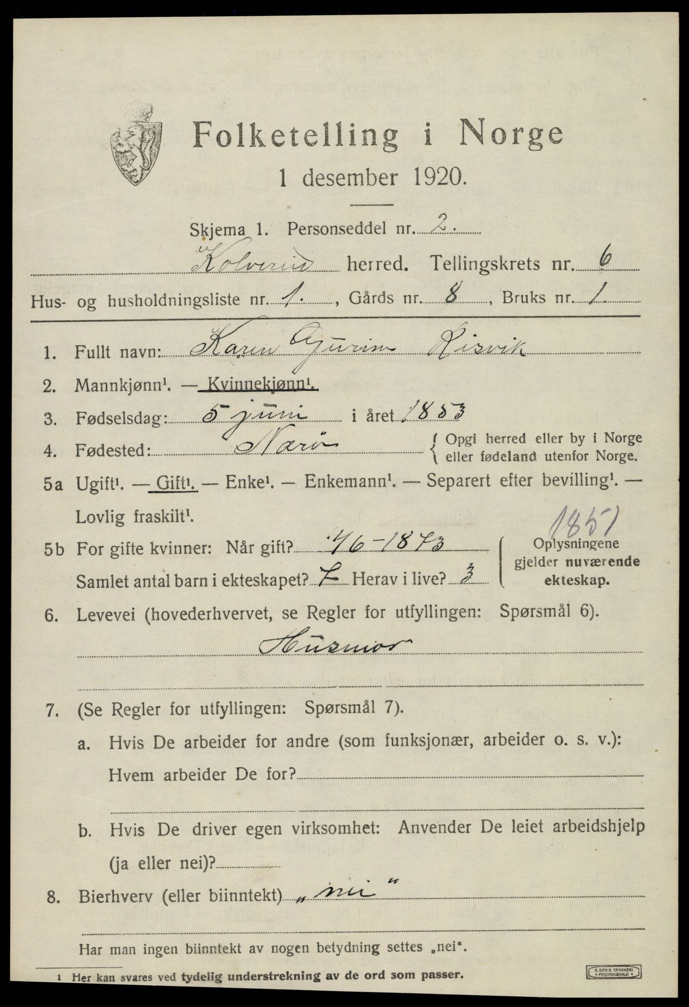 SAT, 1920 census for Kolvereid, 1920, p. 3557