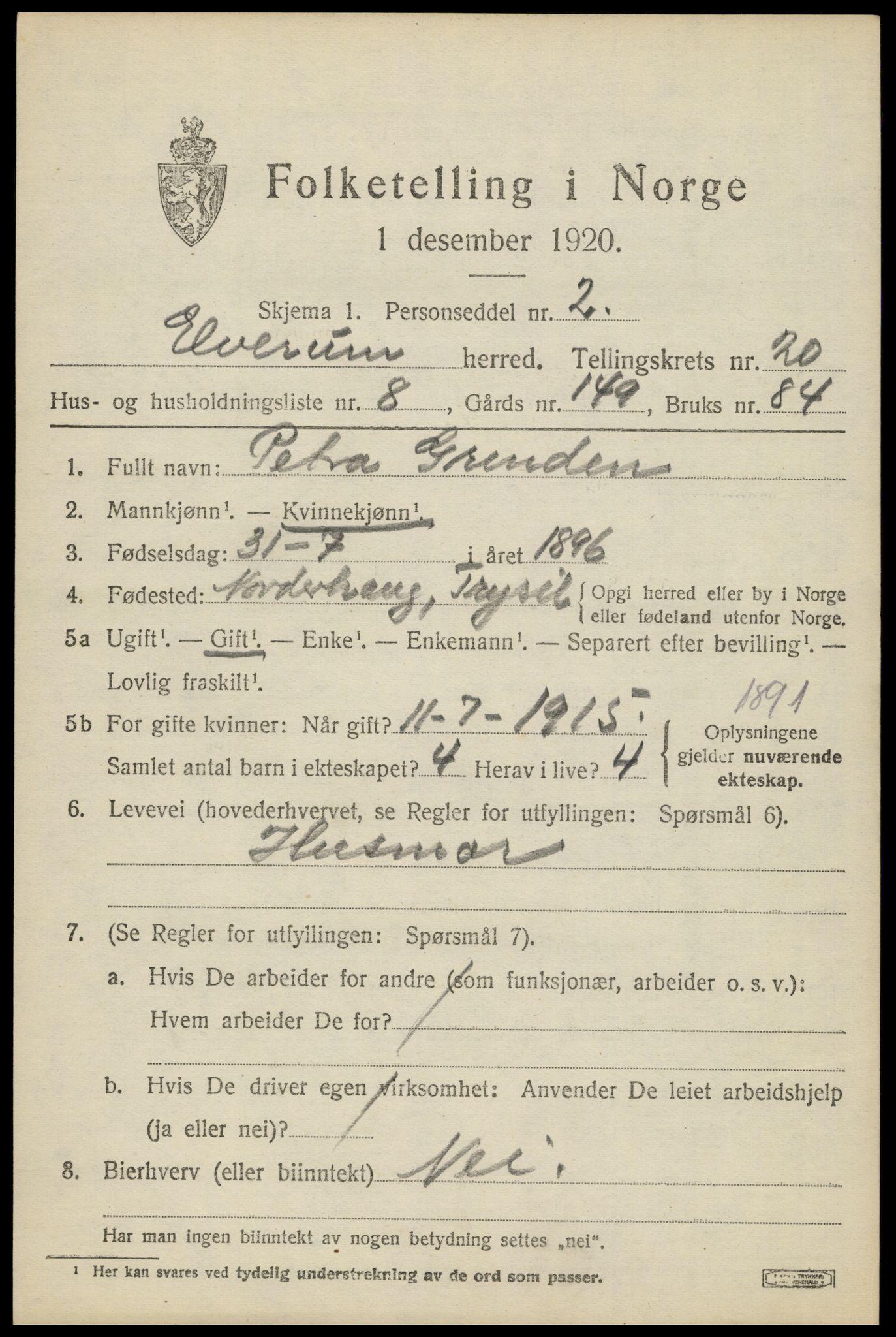 SAH, 1920 census for Elverum, 1920, p. 23378