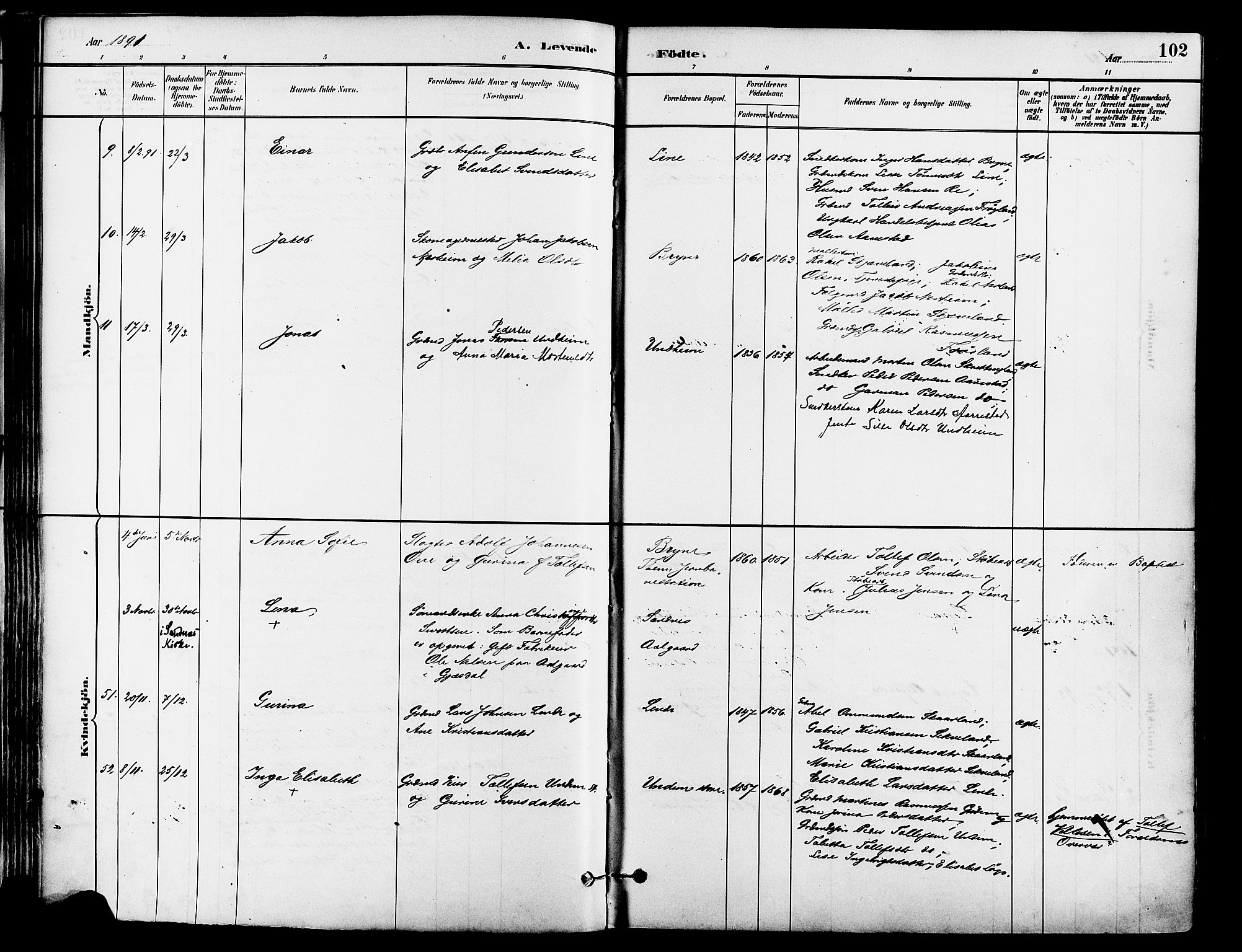 Lye sokneprestkontor, SAST/A-101794/001/30BA/L0009: Parish register (official) no. A 8, 1881-1892, p. 102