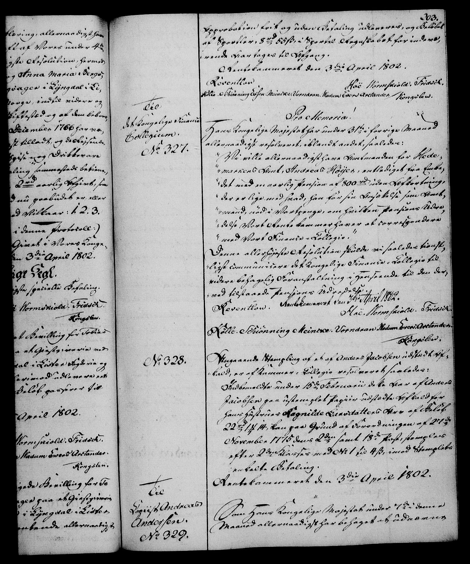 Rentekammeret, Kammerkanselliet, RA/EA-3111/G/Gg/Gga/L0017: Norsk ekspedisjonsprotokoll med register (merket RK 53.17), 1801-1803, p. 203