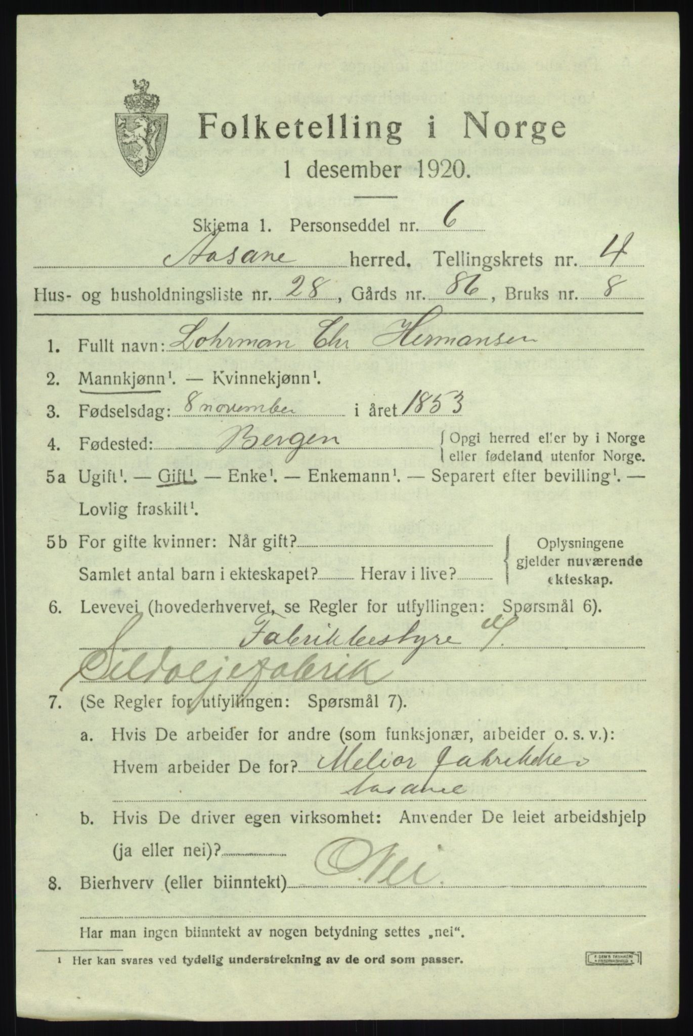 SAB, 1920 census for Åsane, 1920, p. 2843