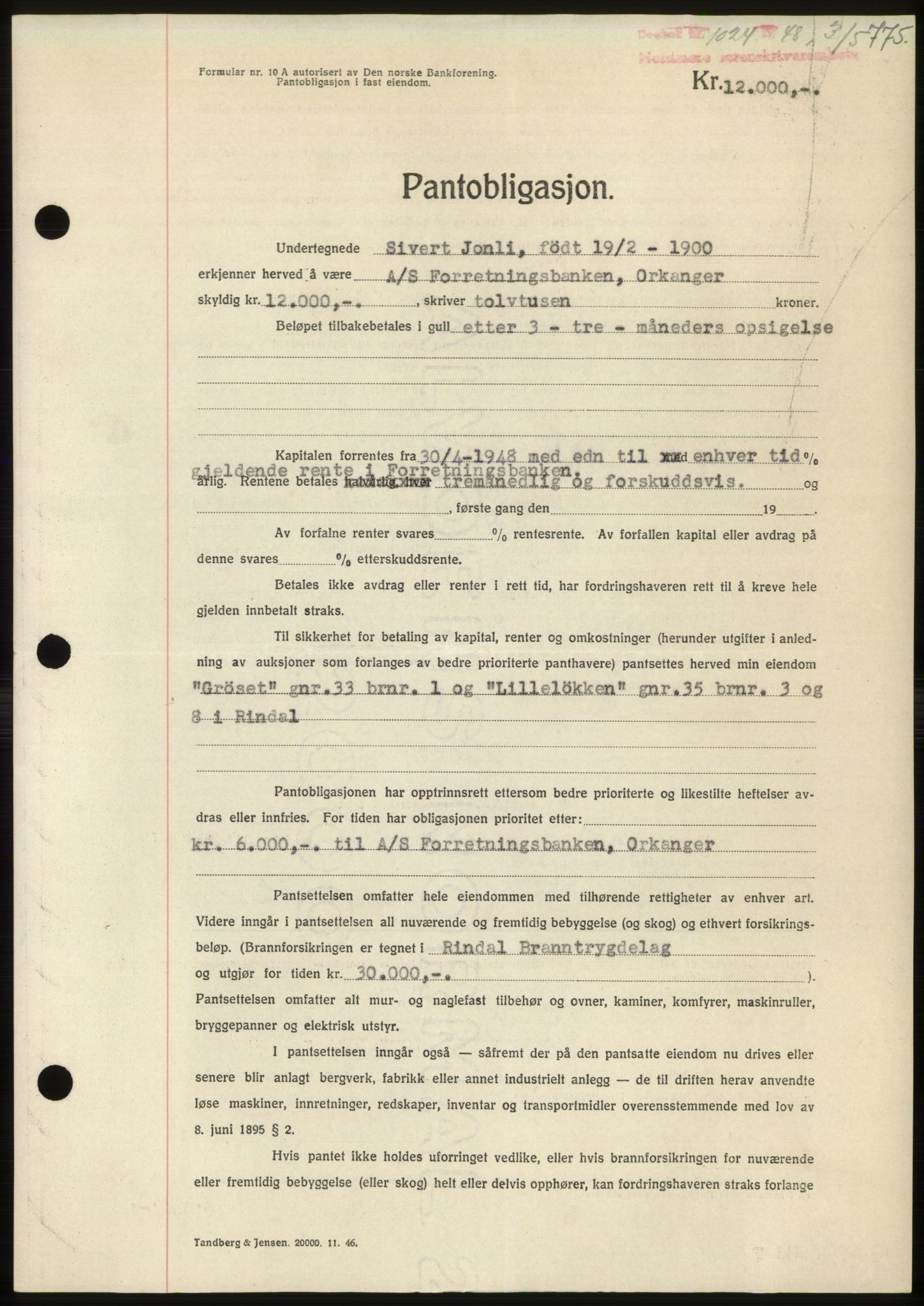 Nordmøre sorenskriveri, AV/SAT-A-4132/1/2/2Ca: Mortgage book no. B98, 1948-1948, Diary no: : 1024/1948