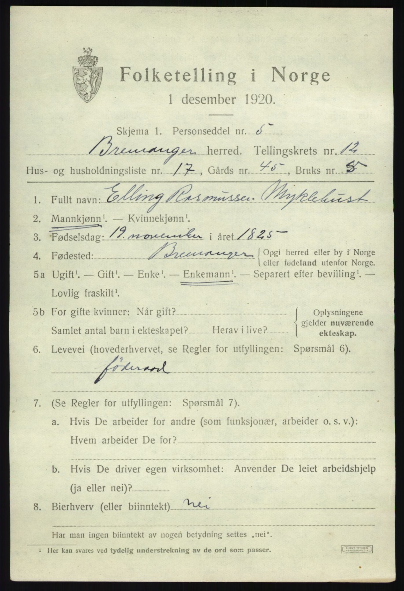 SAB, 1920 census for Bremanger, 1920, p. 6734