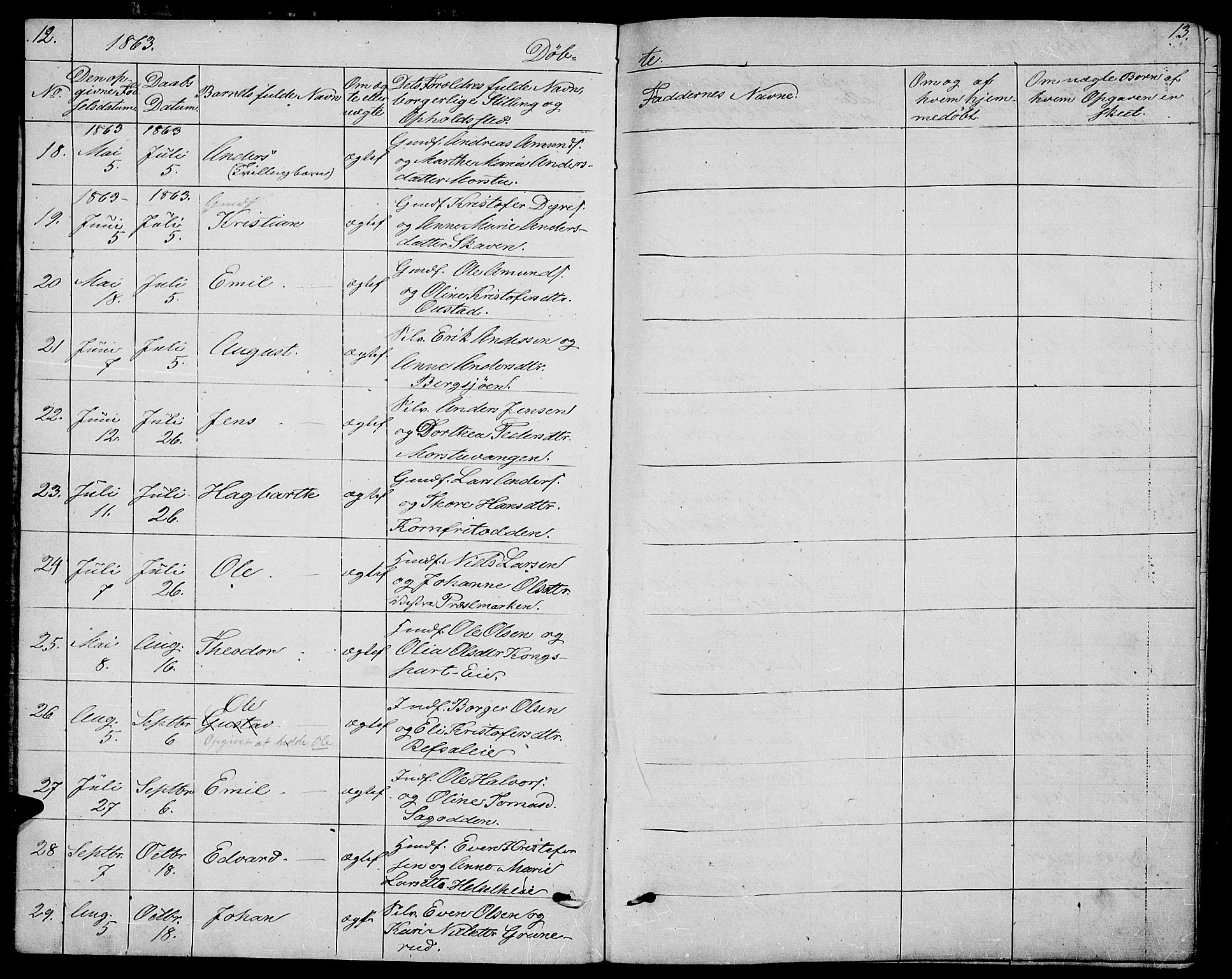 Stange prestekontor, SAH/PREST-002/L/L0005: Parish register (copy) no. 5, 1861-1881, p. 12-13