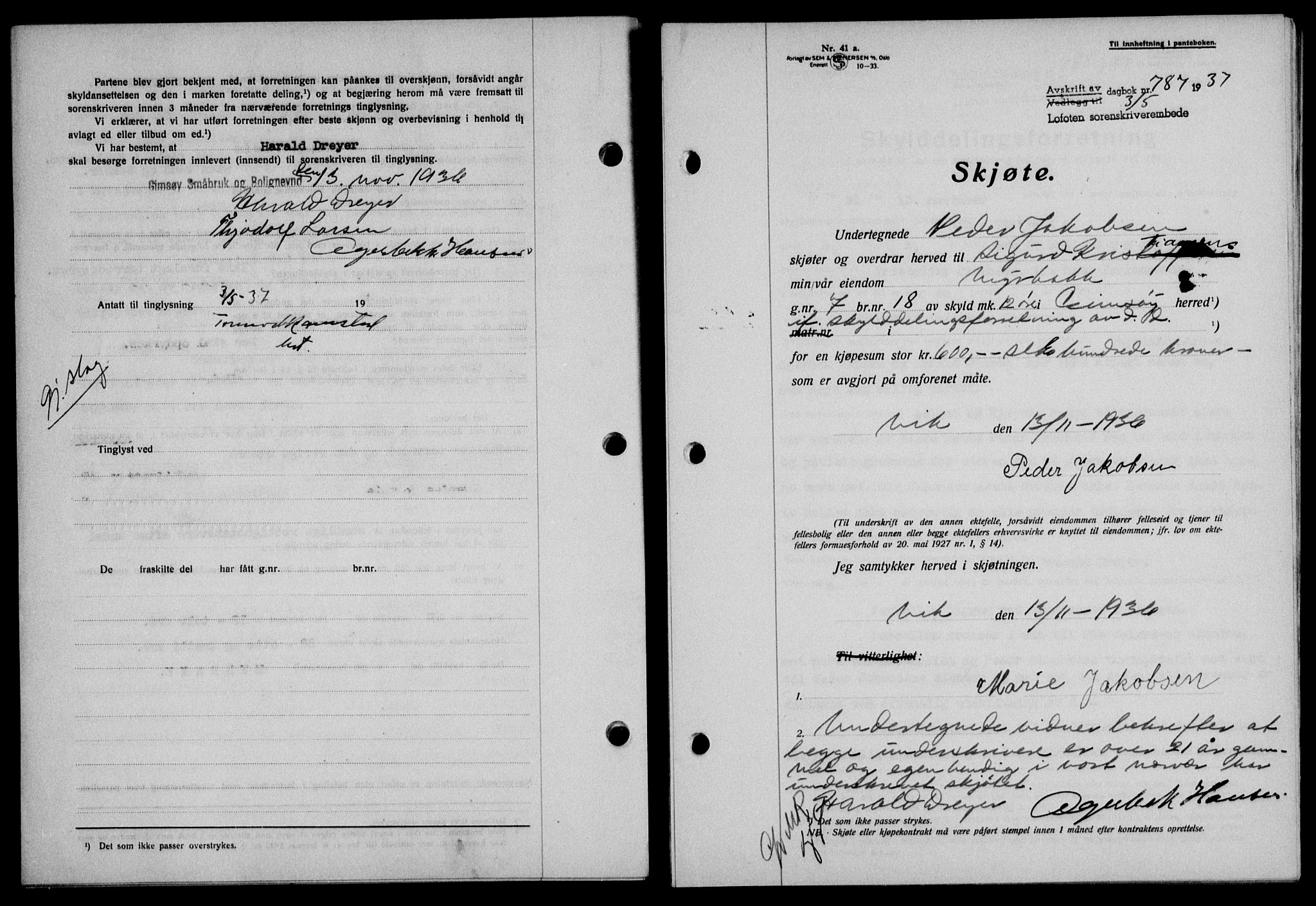 Lofoten sorenskriveri, SAT/A-0017/1/2/2C/L0002a: Mortgage book no. 2a, 1937-1937, Diary no: : 787/1937