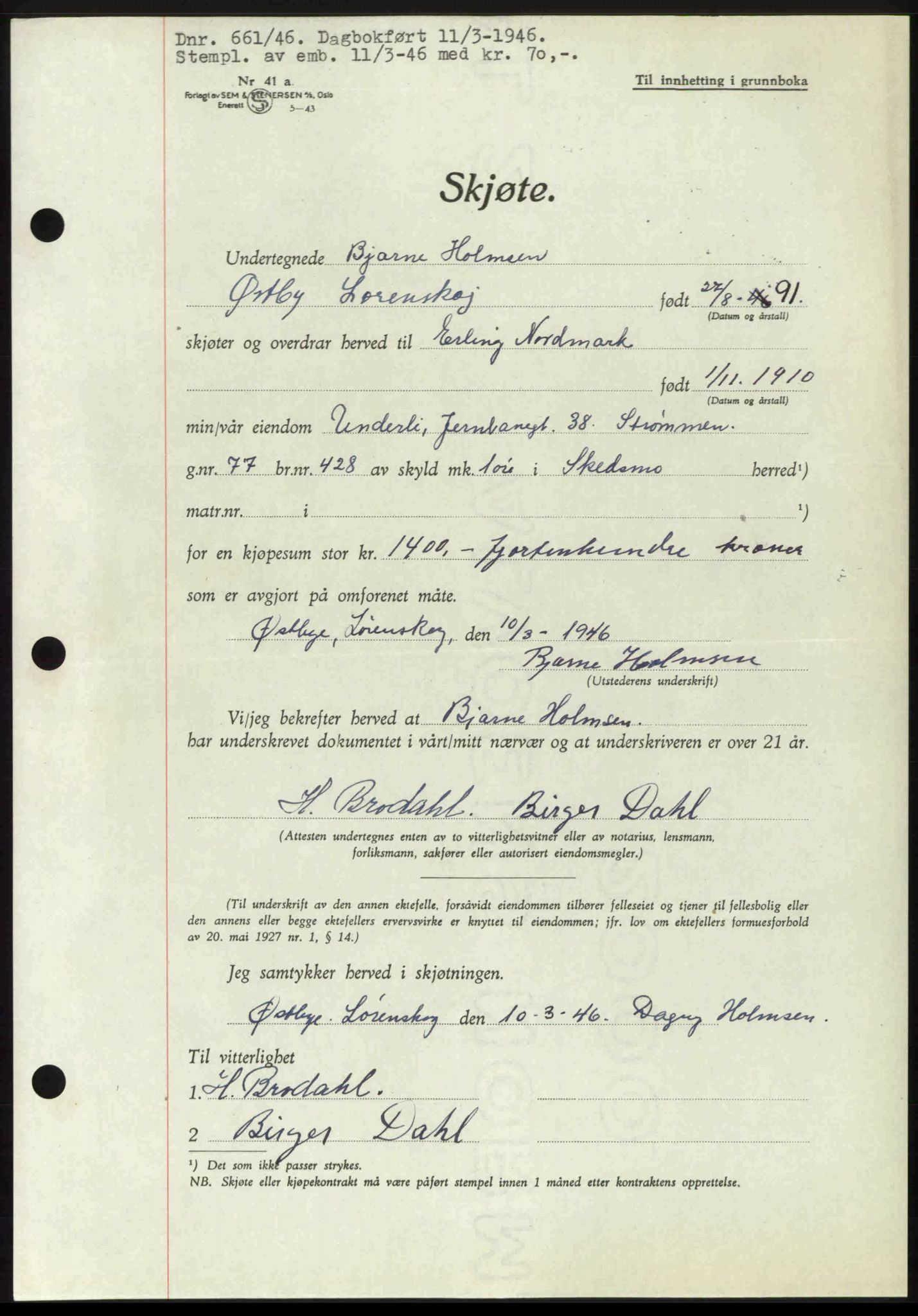 Nedre Romerike sorenskriveri, AV/SAO-A-10469/G/Gb/Gbd/L0015: Mortgage book no. 15, 1945-1946, Diary no: : 661/1946