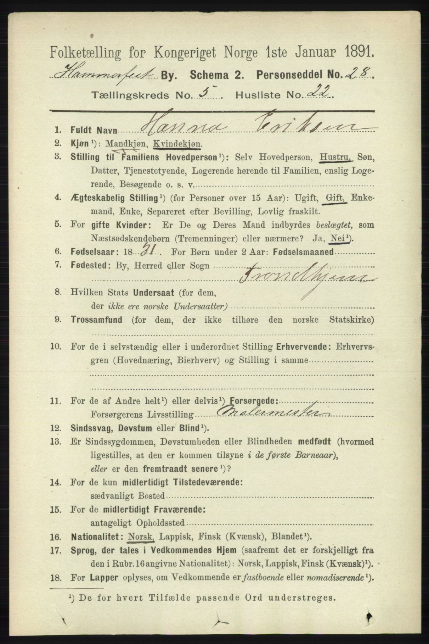 RA, 1891 census for 2001 Hammerfest, 1891, p. 1629