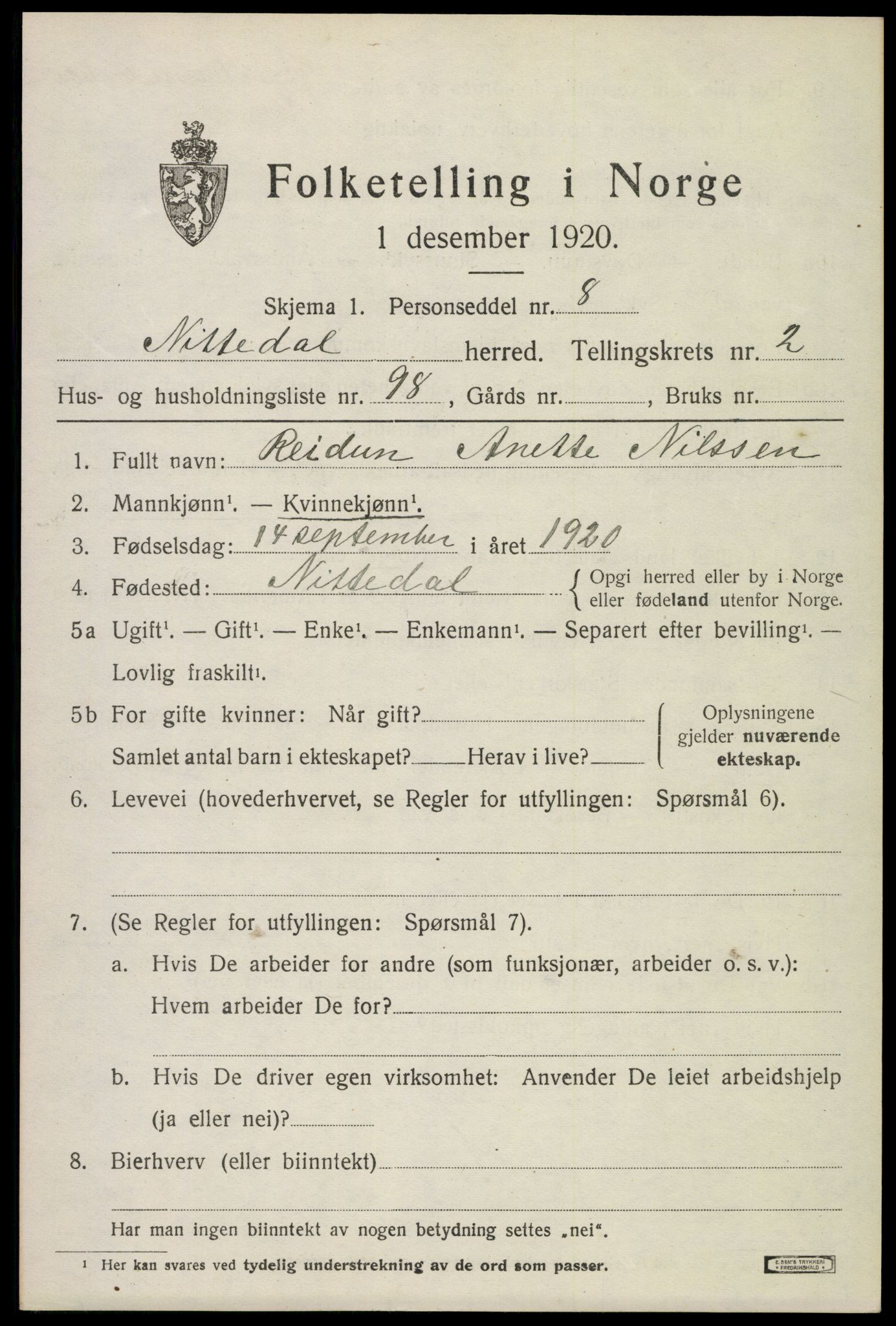 SAO, 1920 census for Nittedal, 1920, p. 2888