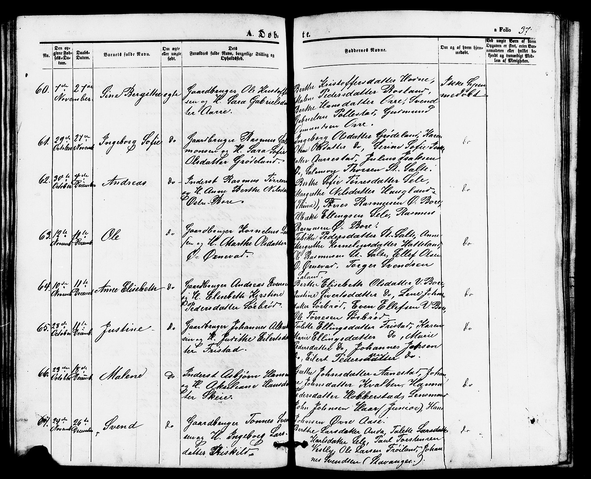 Klepp sokneprestkontor, AV/SAST-A-101803/001/3/30BB/L0002: Parish register (copy) no. B 2, 1860-1875, p. 37