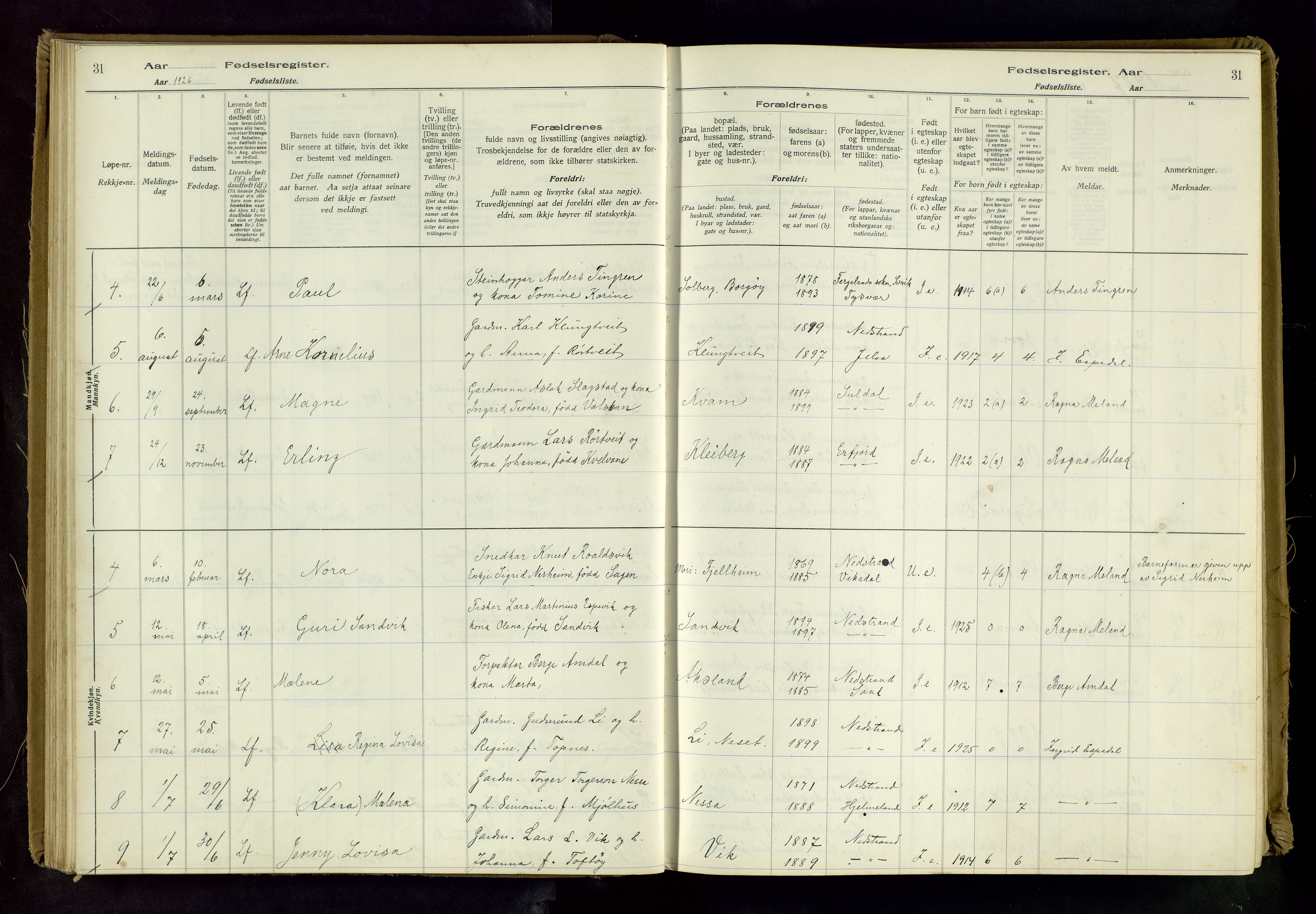 Nedstrand sokneprestkontor, AV/SAST-A-101841/03/C/L0001: Birth register no. 1, 1916-1981, p. 31