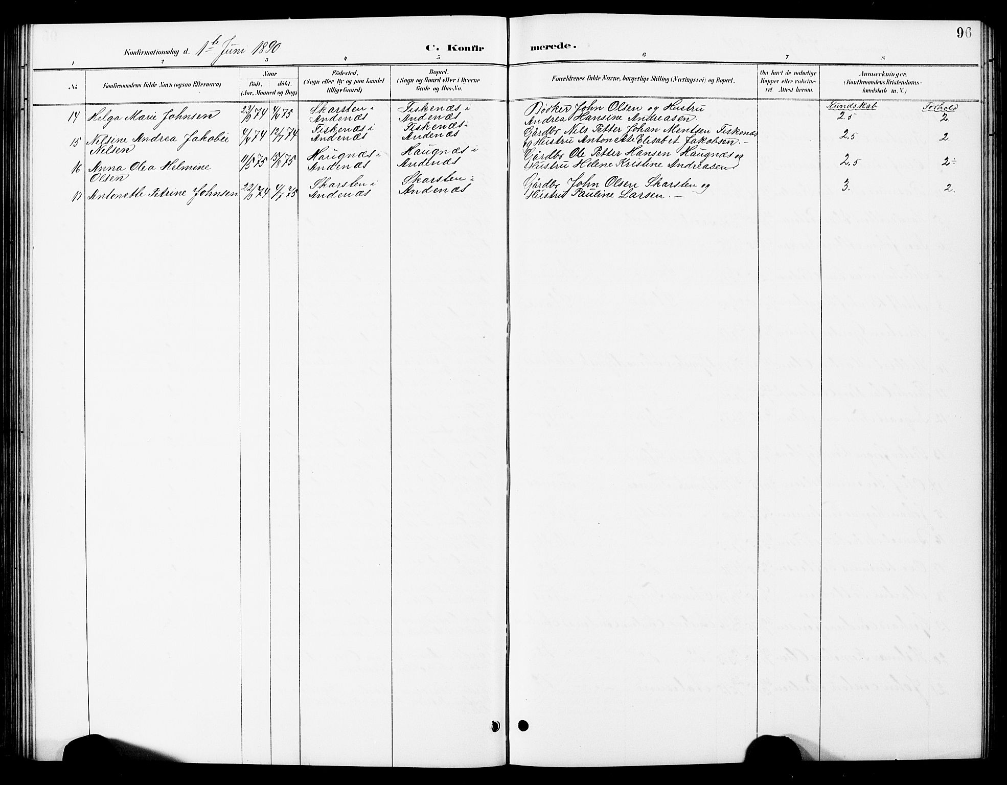 Ministerialprotokoller, klokkerbøker og fødselsregistre - Nordland, AV/SAT-A-1459/897/L1413: Parish register (copy) no. 897C03, 1887-1903, p. 96