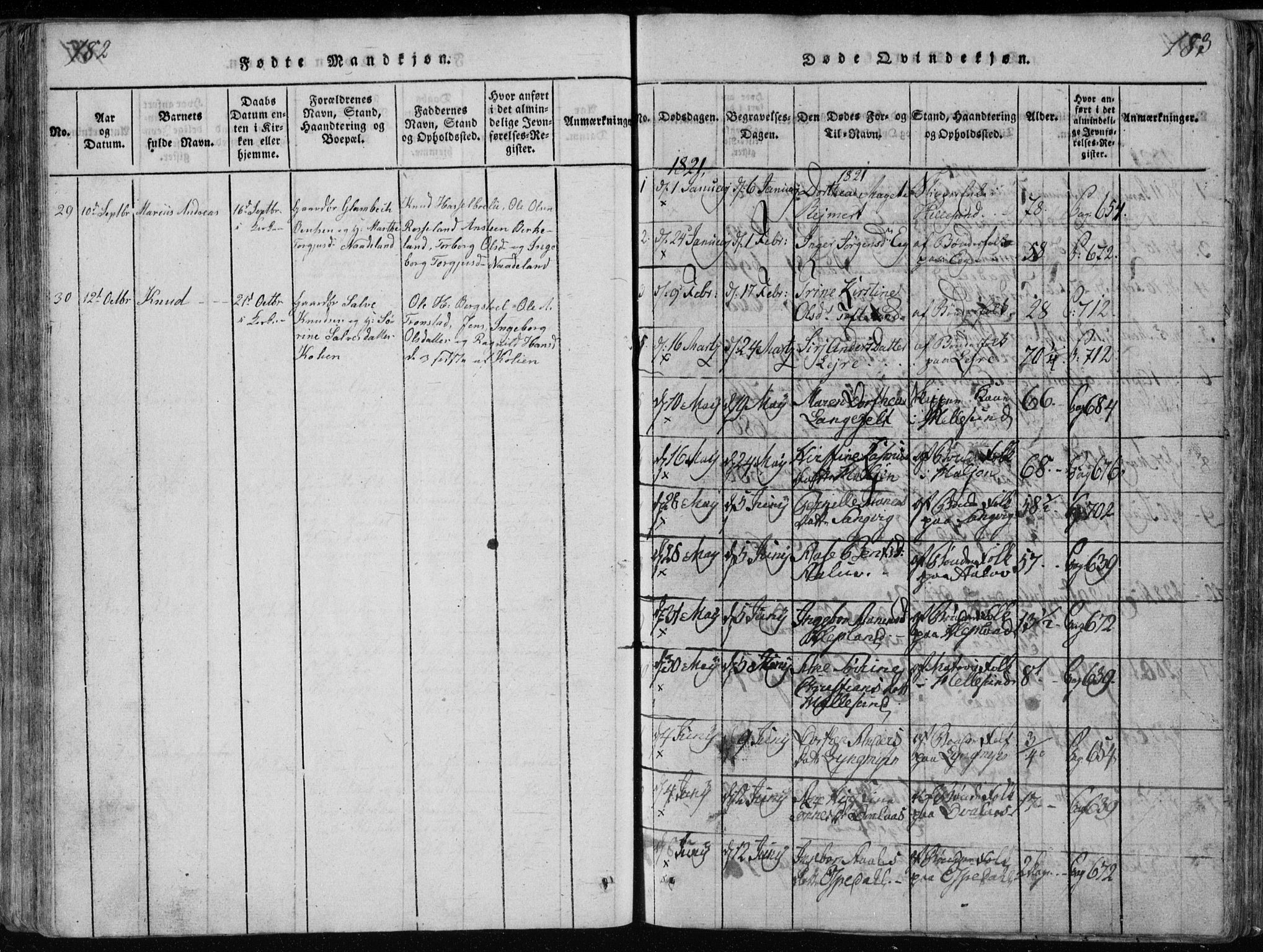 Søgne sokneprestkontor, SAK/1111-0037/F/Fb/Fbb/L0002: Parish register (copy) no. B 2, 1821-1838, p. 182-183