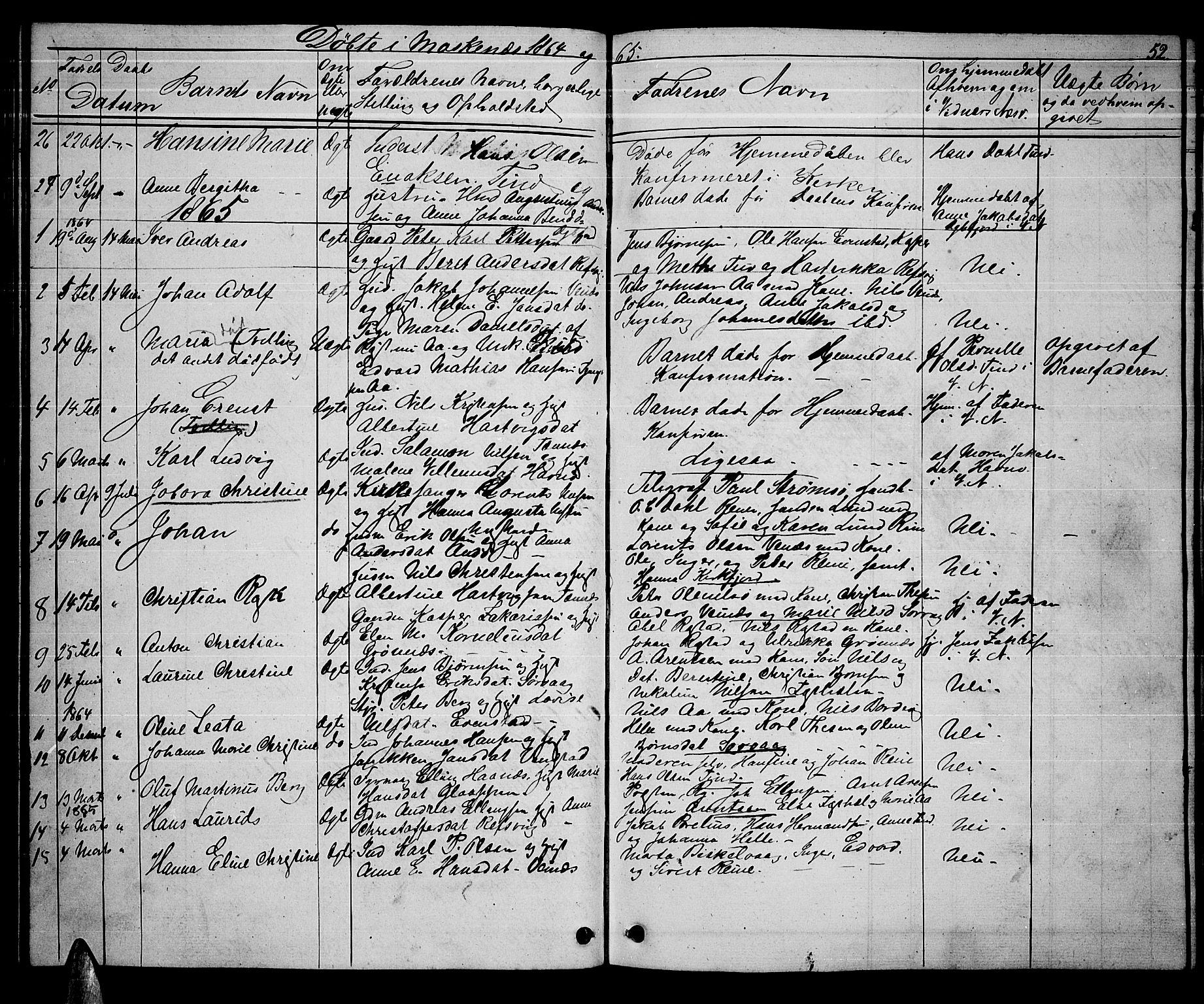 Ministerialprotokoller, klokkerbøker og fødselsregistre - Nordland, AV/SAT-A-1459/886/L1224: Parish register (copy) no. 886C01, 1843-1873, p. 52