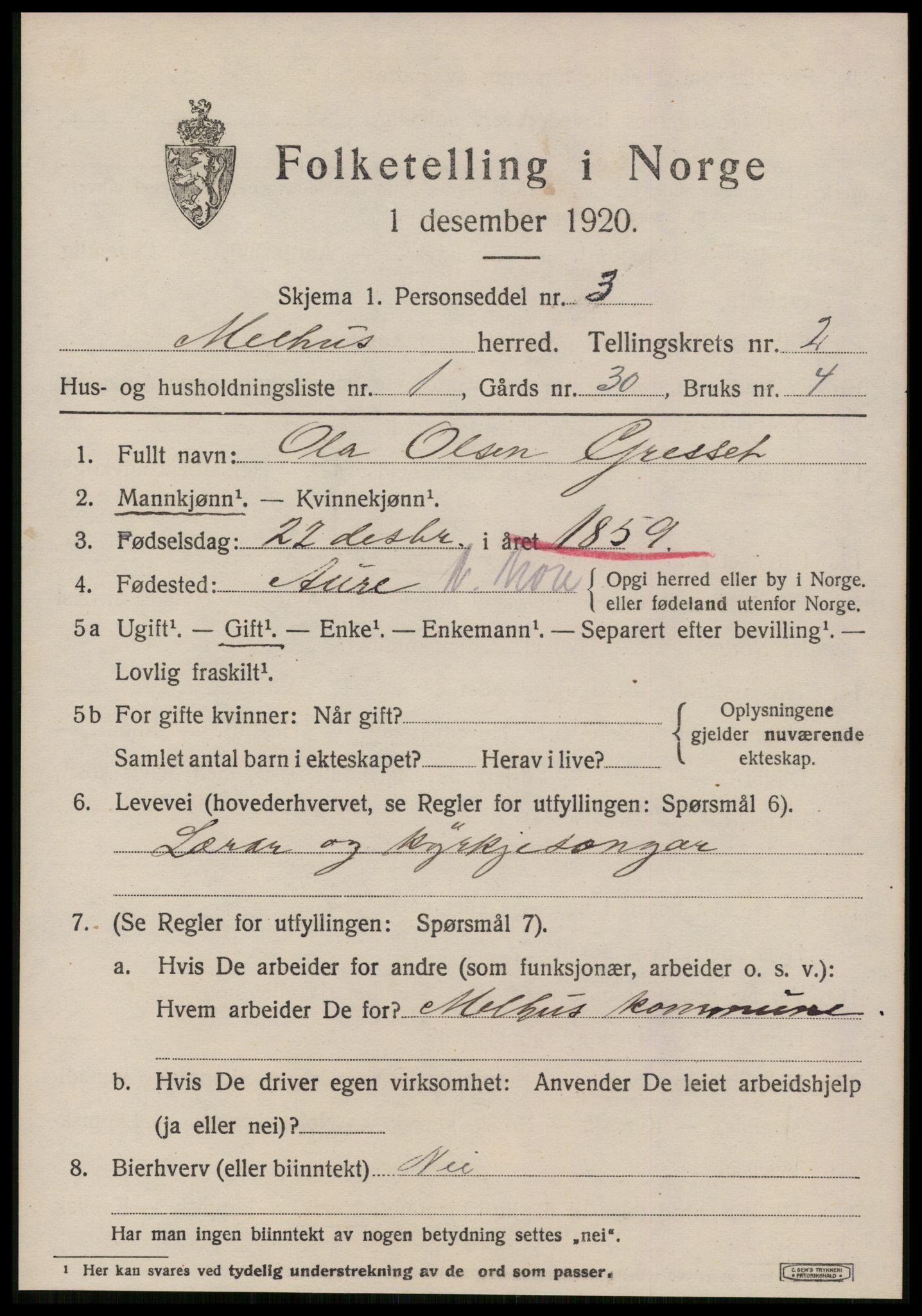 SAT, 1920 census for Melhus, 1920, p. 1537