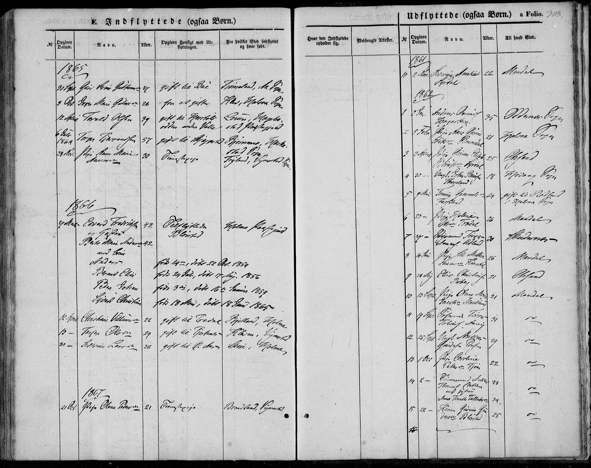Sør-Audnedal sokneprestkontor, SAK/1111-0039/F/Fa/Fab/L0007: Parish register (official) no. A 7, 1855-1876, p. 308